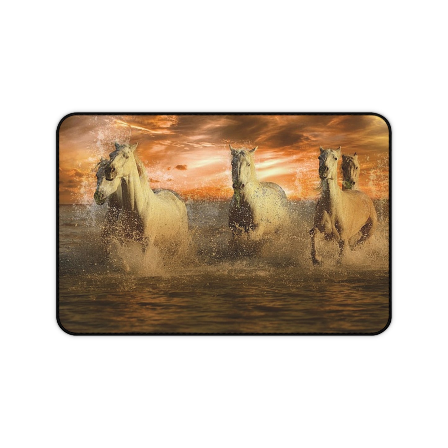 Wild Ocean Horses Desk Mat - Dramatic Coastal Sunset Mouse Pad