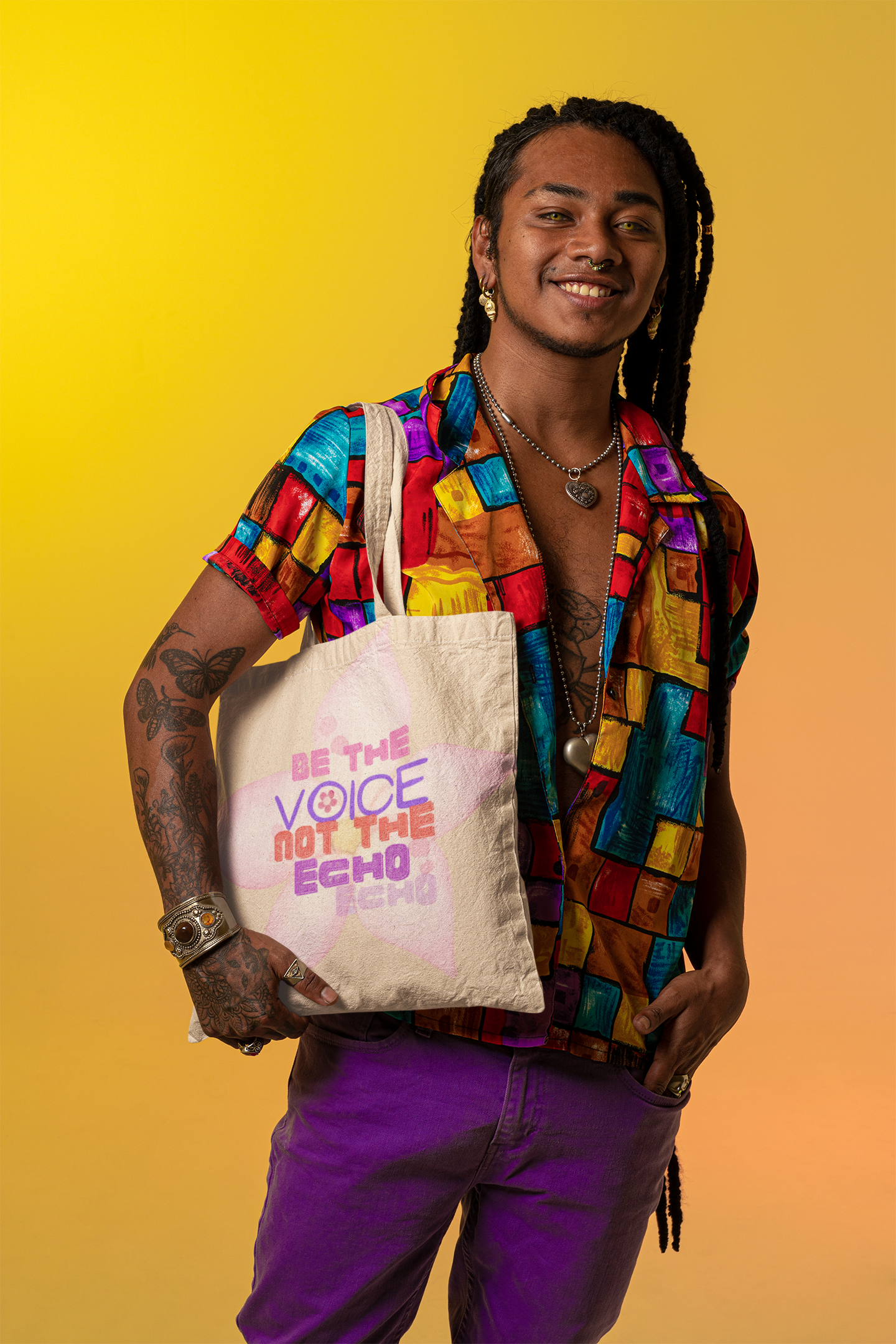 Floral Motivational Tote Bag – “Be the Voice, Not the Echo” Empowering Gift for Women & Creatives