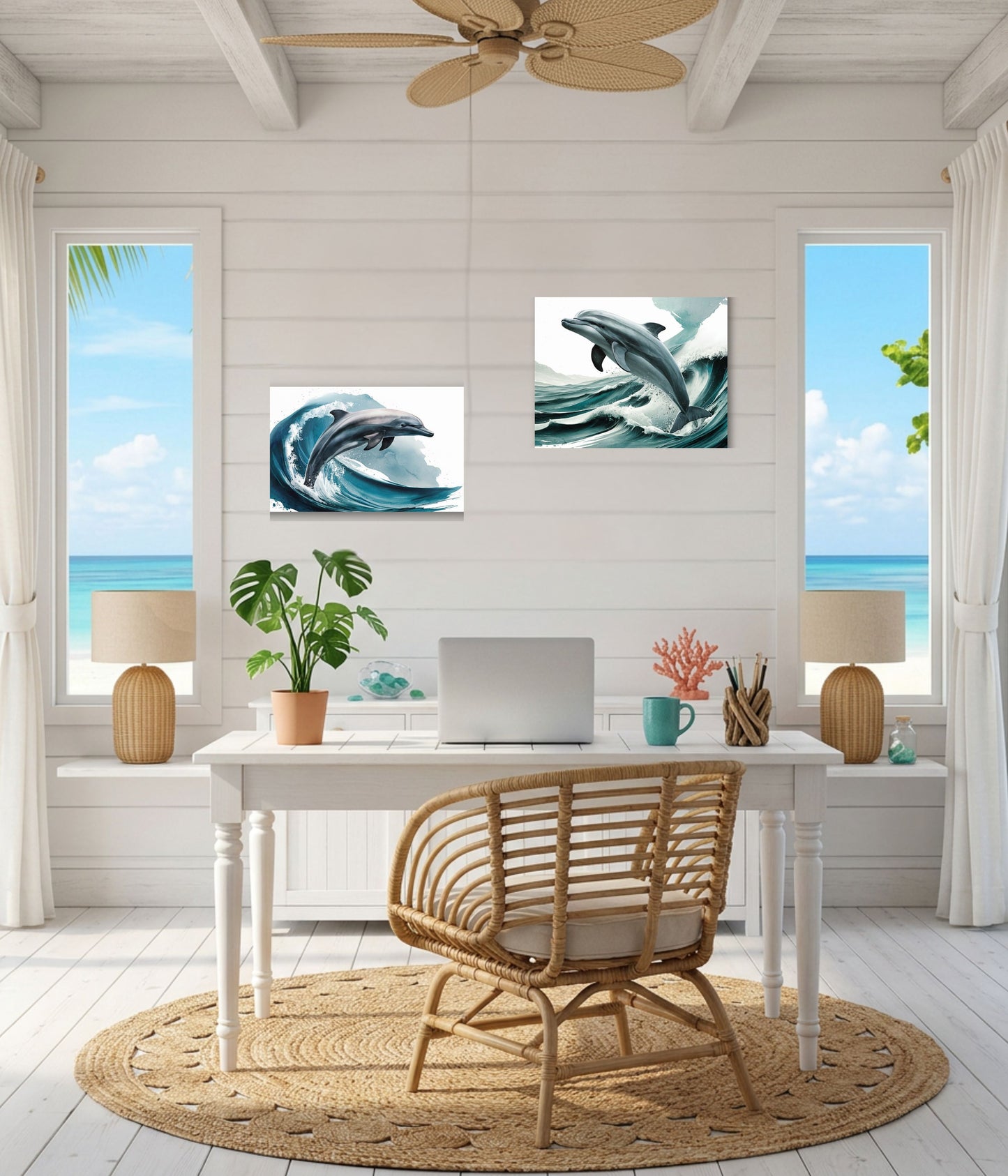 A styled interior room with white shiplap walls, two large windows showing the ocean, a white desk, wicker chair, lamps, and two unframed dolphin artwork prints mounted above the desk.