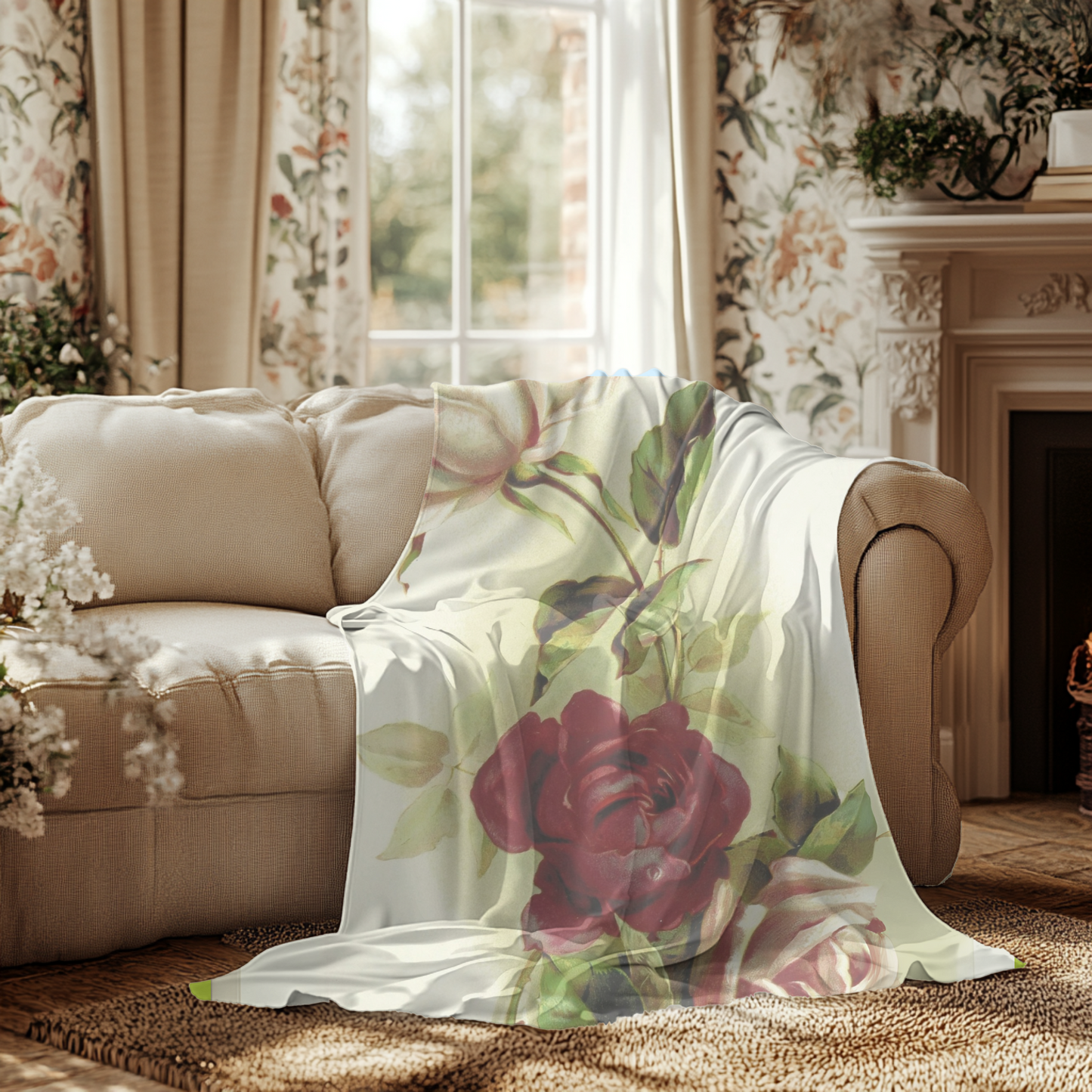 Vibrant Floral Velveteen Plush Blanket – Soft Pink & Burgundy Roses, Vintage Romance