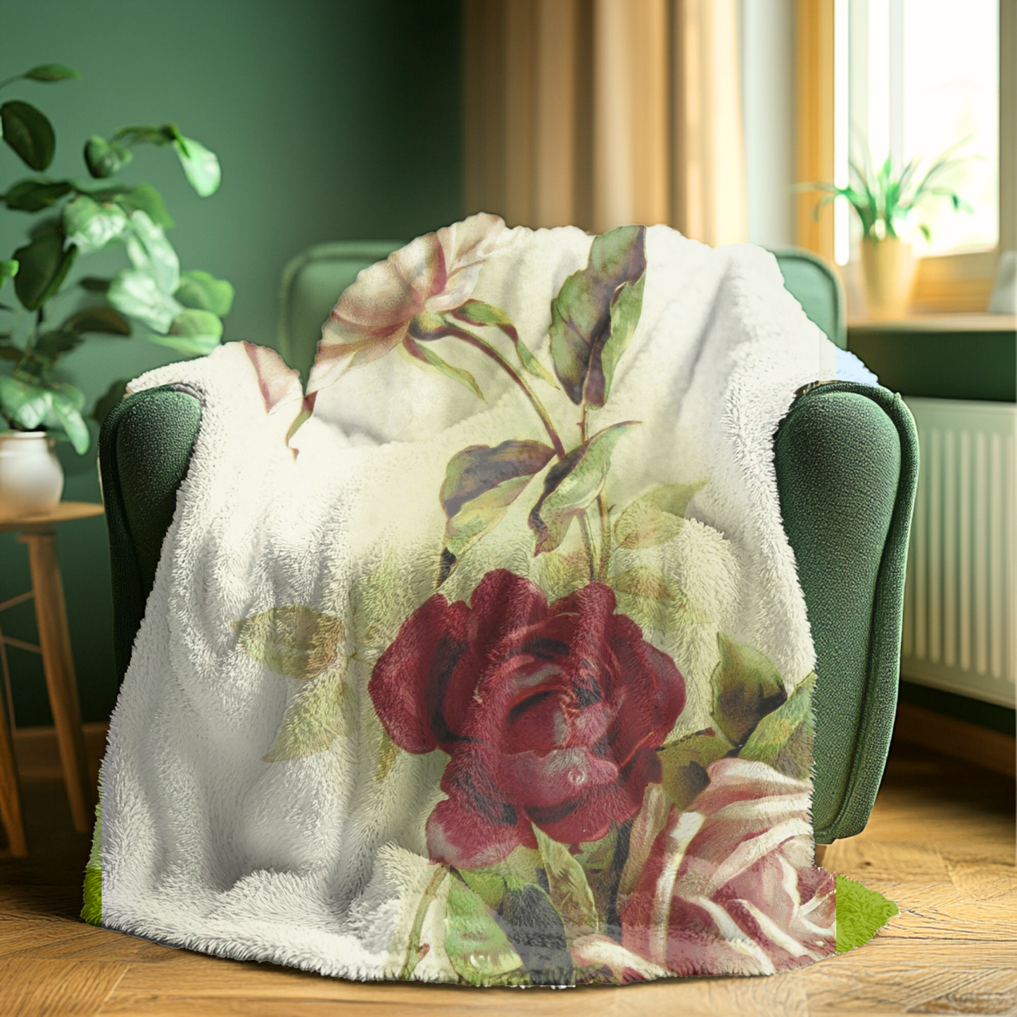 Vibrant Floral Velveteen Plush Blanket – Soft Pink & Burgundy Roses, Vintage Romance