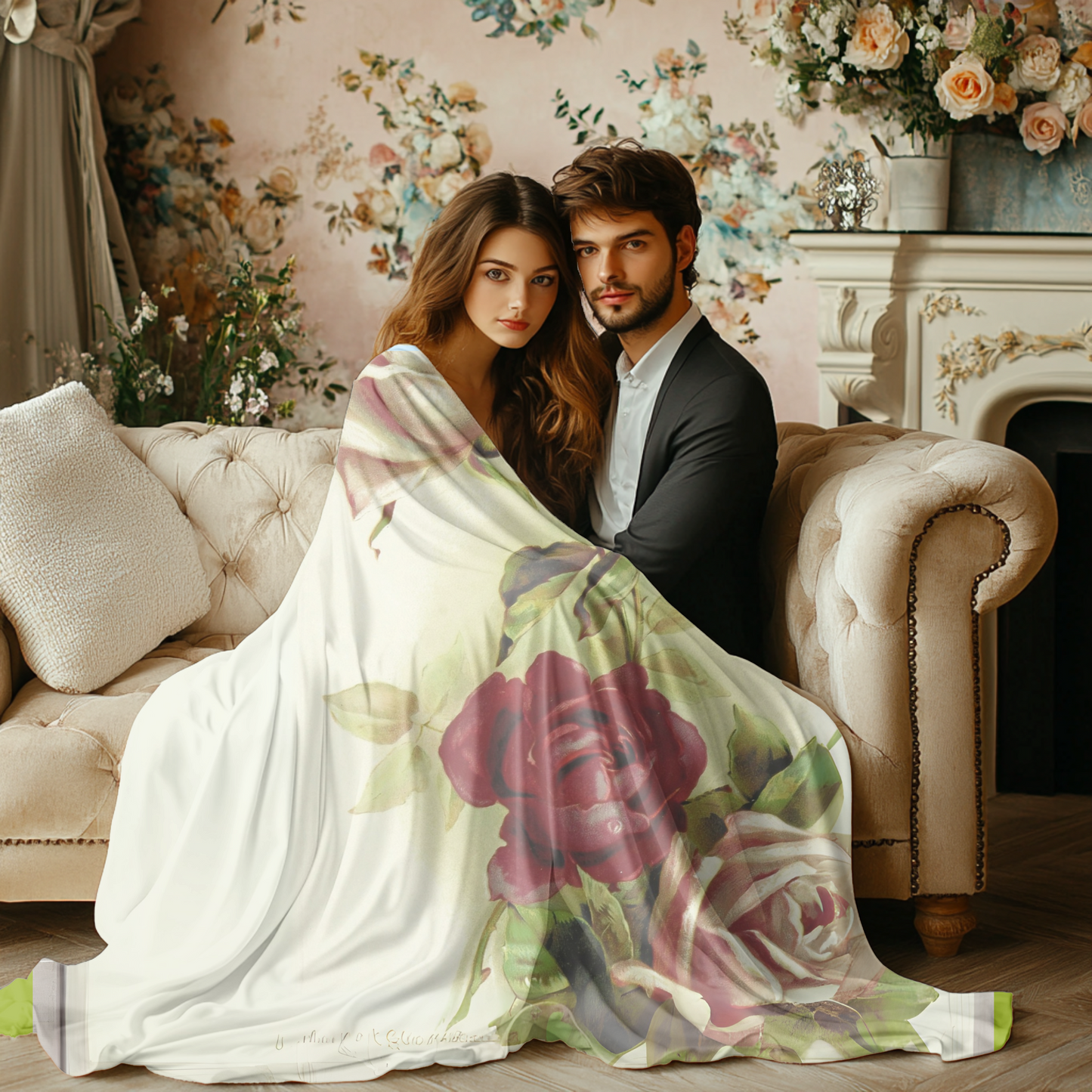 Vibrant Floral Velveteen Plush Blanket – Soft Pink & Burgundy Roses, Vintage Romance