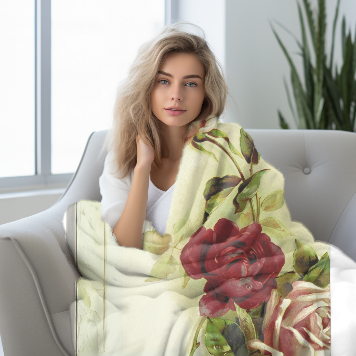 Vibrant Floral Velveteen Plush Blanket – Soft Pink & Burgundy Roses, Vintage Romance