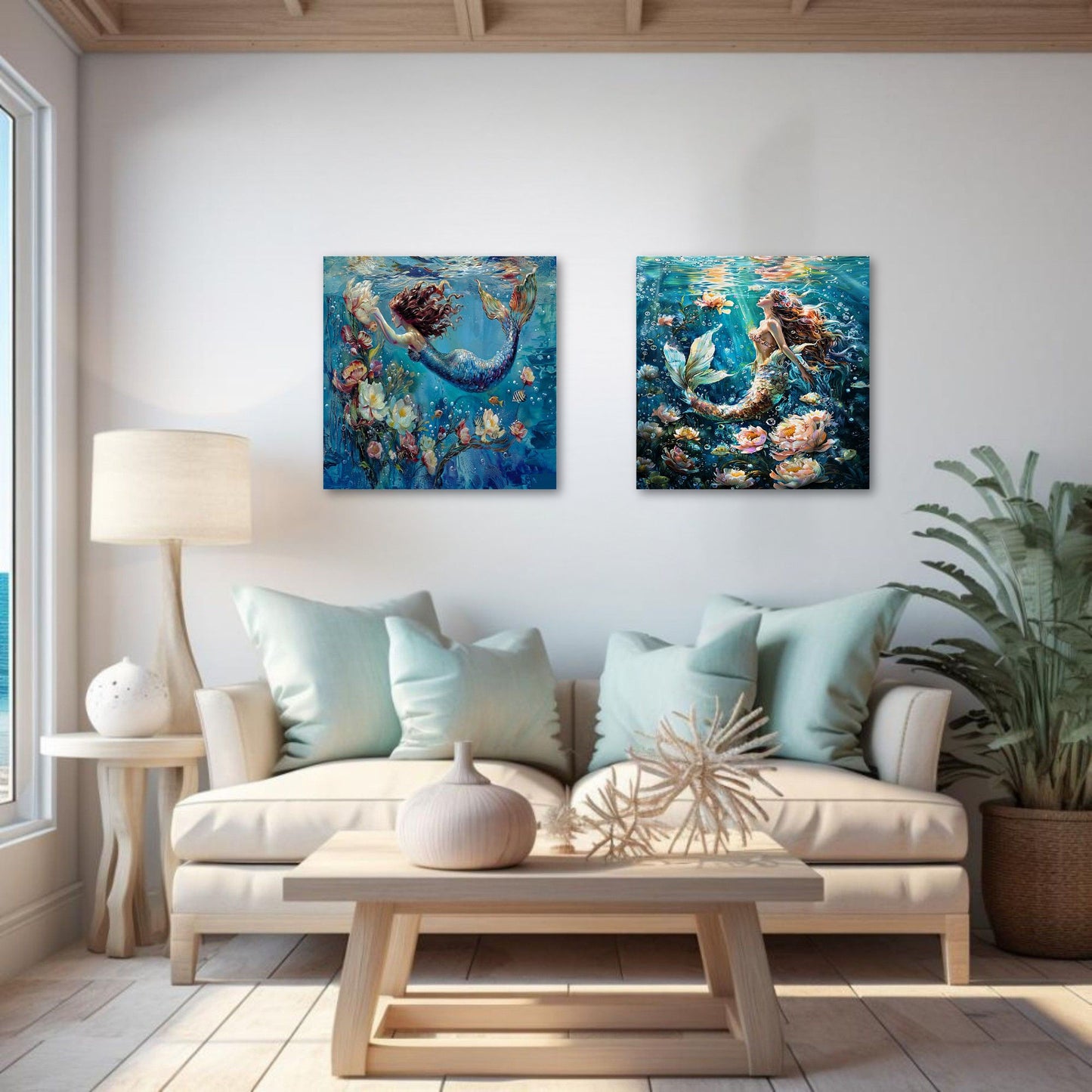 A pair of square canvas art prints depicting colorful underwater mermaid scenes, displayed side-by-side on a white wall above a beige sofa in a modern, sunlit living room.