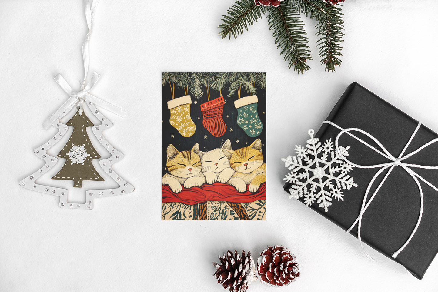 Meowy Christmas – Funny Cat Christmas Card with Cozy Charm Ocean Petal Studio