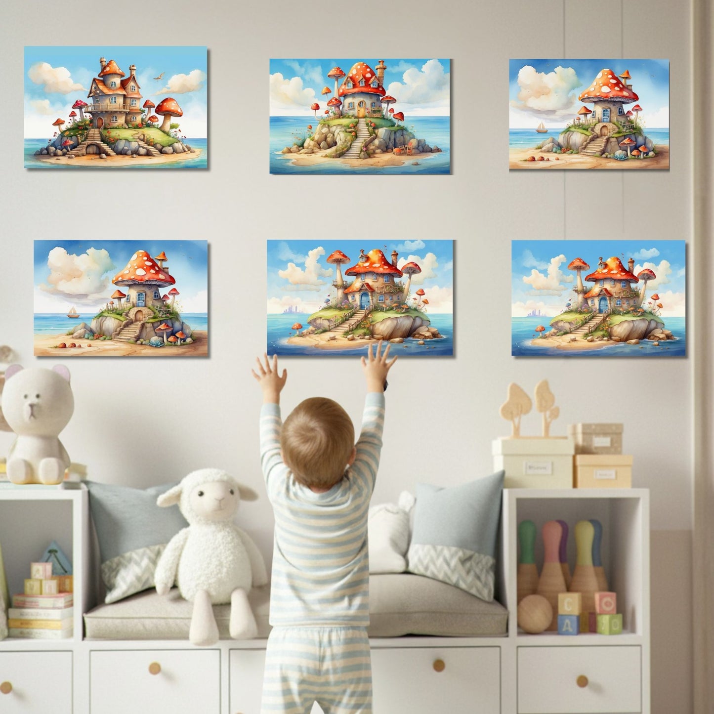 Whimsical Mushroom Beach Cottage Canvas Print | Dreamy Coastal Nursery Wall Art