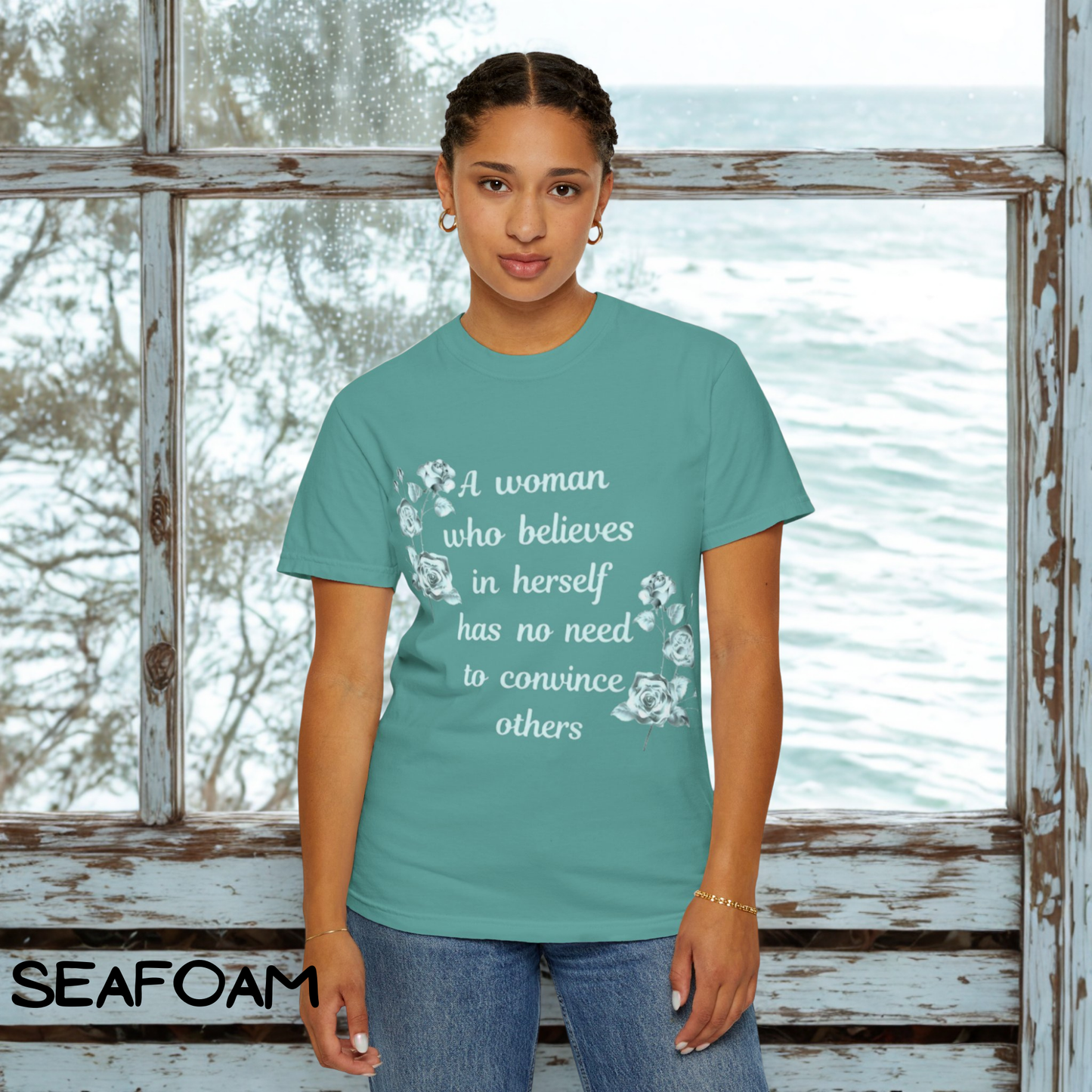 “Self-Love Tee – ‘A Woman Who Believes in Herself’ in Soft Garment-Dyed Colors”