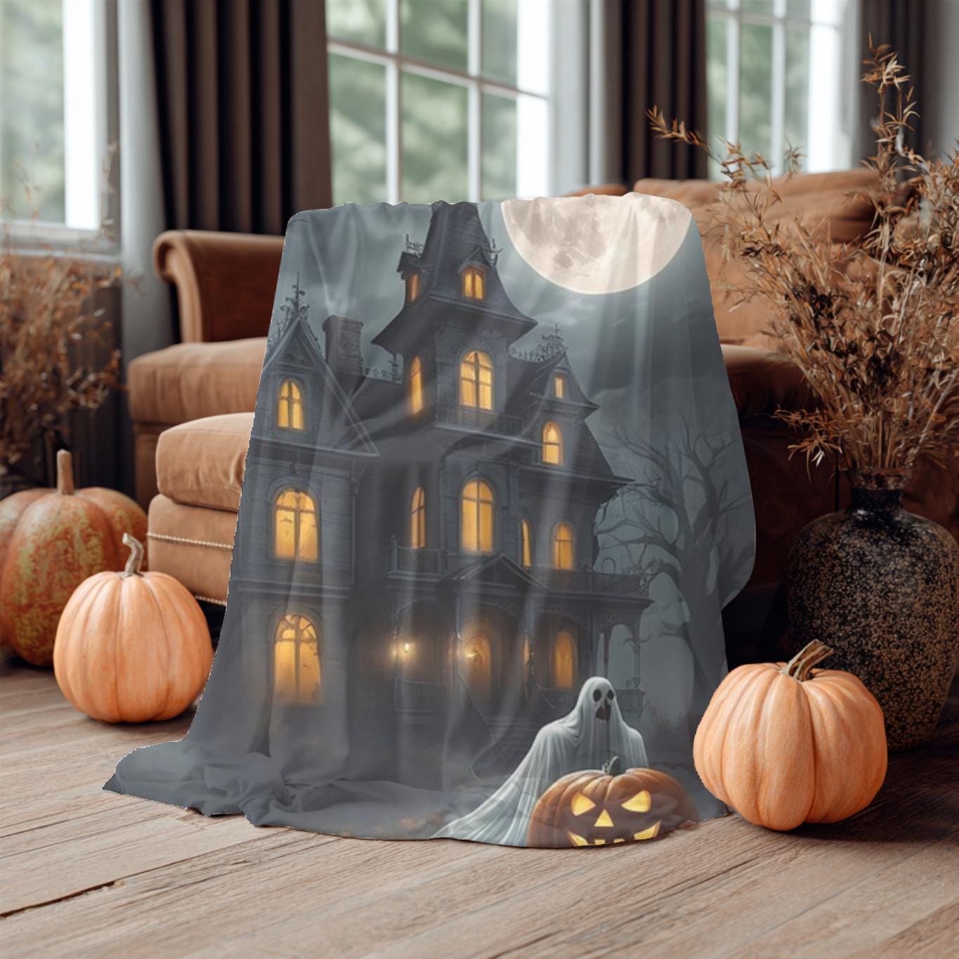 Haunted House Blanket –  Velveteen Throw for Spooky Fall Decor