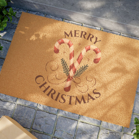 Merry & Bright Christmas Doormat – Festive Holiday Welcome Mat with Candy Cane Charm  Ocean Petal Studio