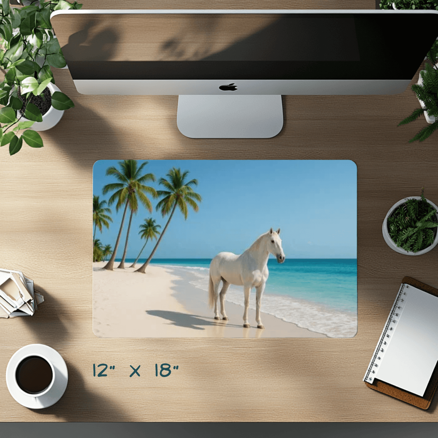 Desk Mat - Featuring a white horse standing on white sand beach
