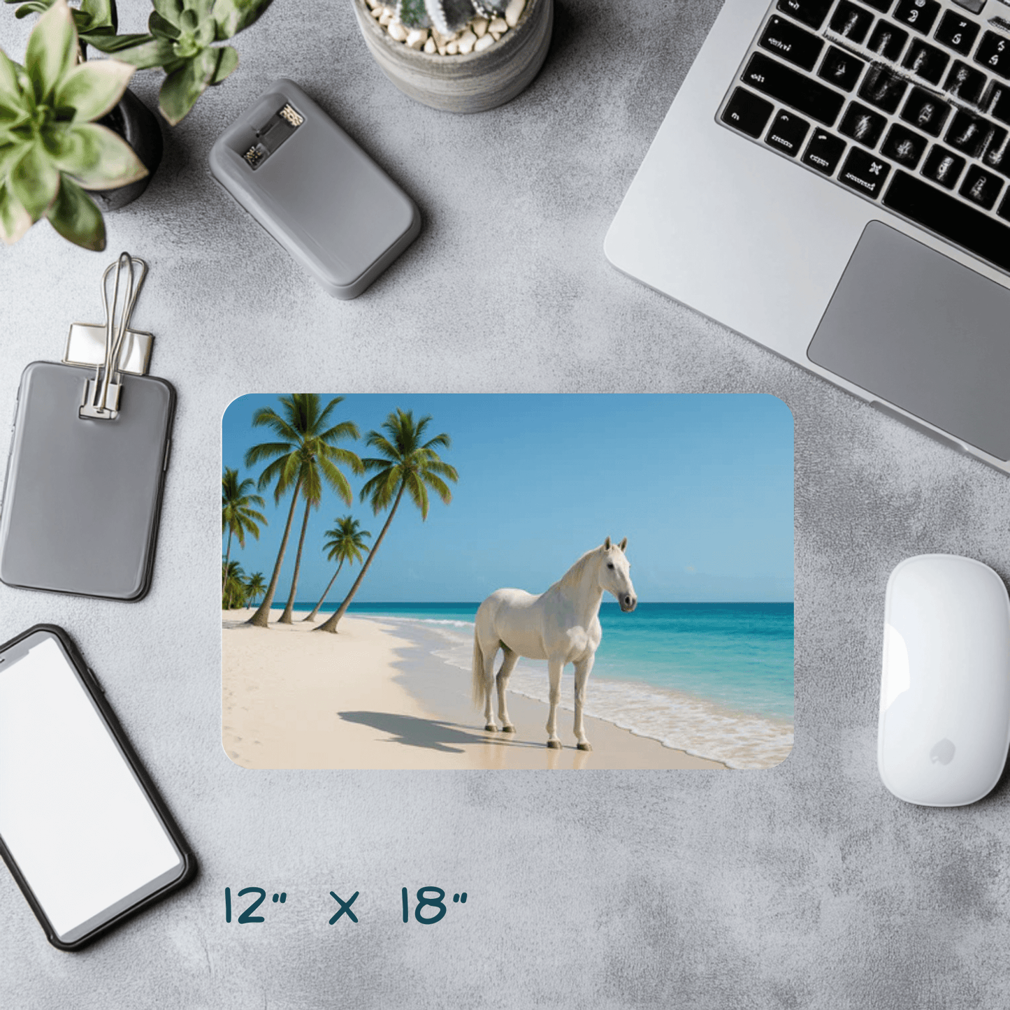 Desk Mat - Featuring a white horse standing on white sand beach