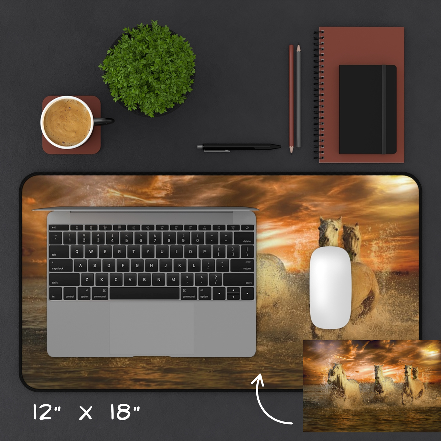 Wild Ocean Horses Desk Mat - Dramatic Coastal Sunset Mouse Pad