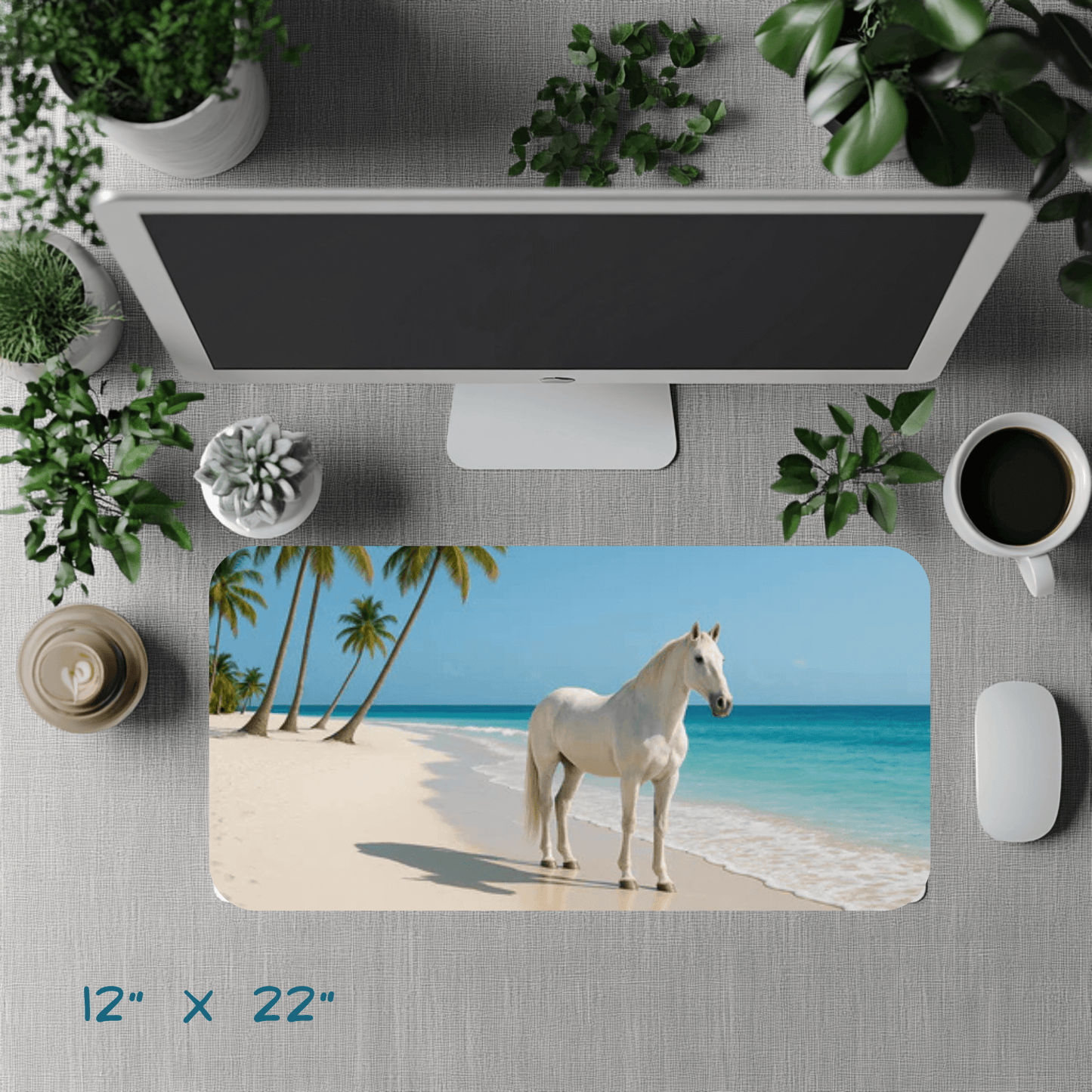 Desk Mat - Featuring a white horse standing on white sand beach