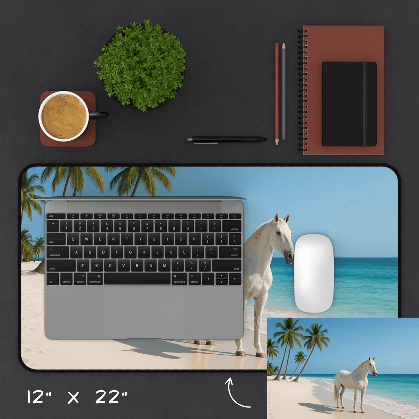 Desk Mat - Featuring a white horse standing on white sand beach