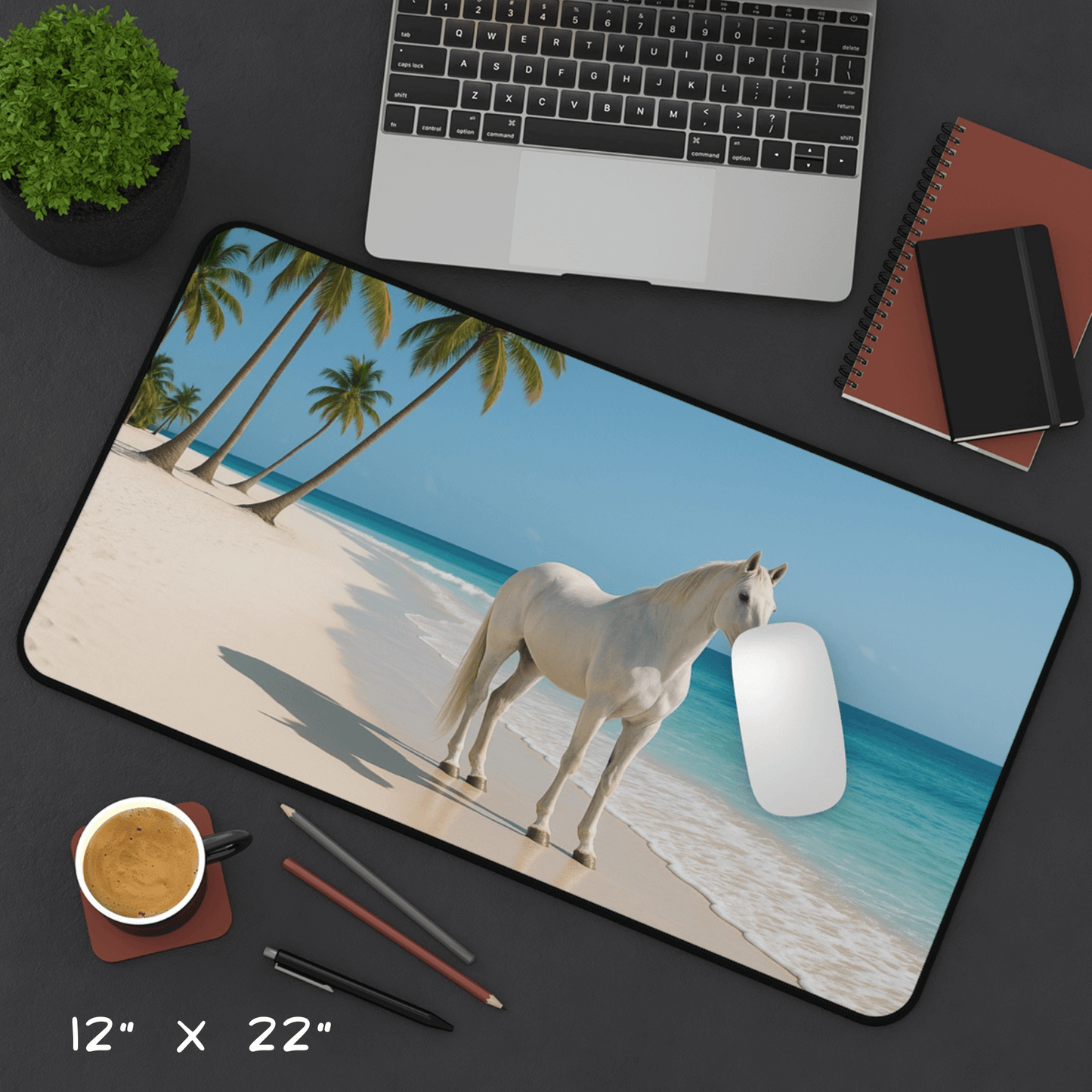 Desk Mat - Featuring a white horse standing on white sand beach