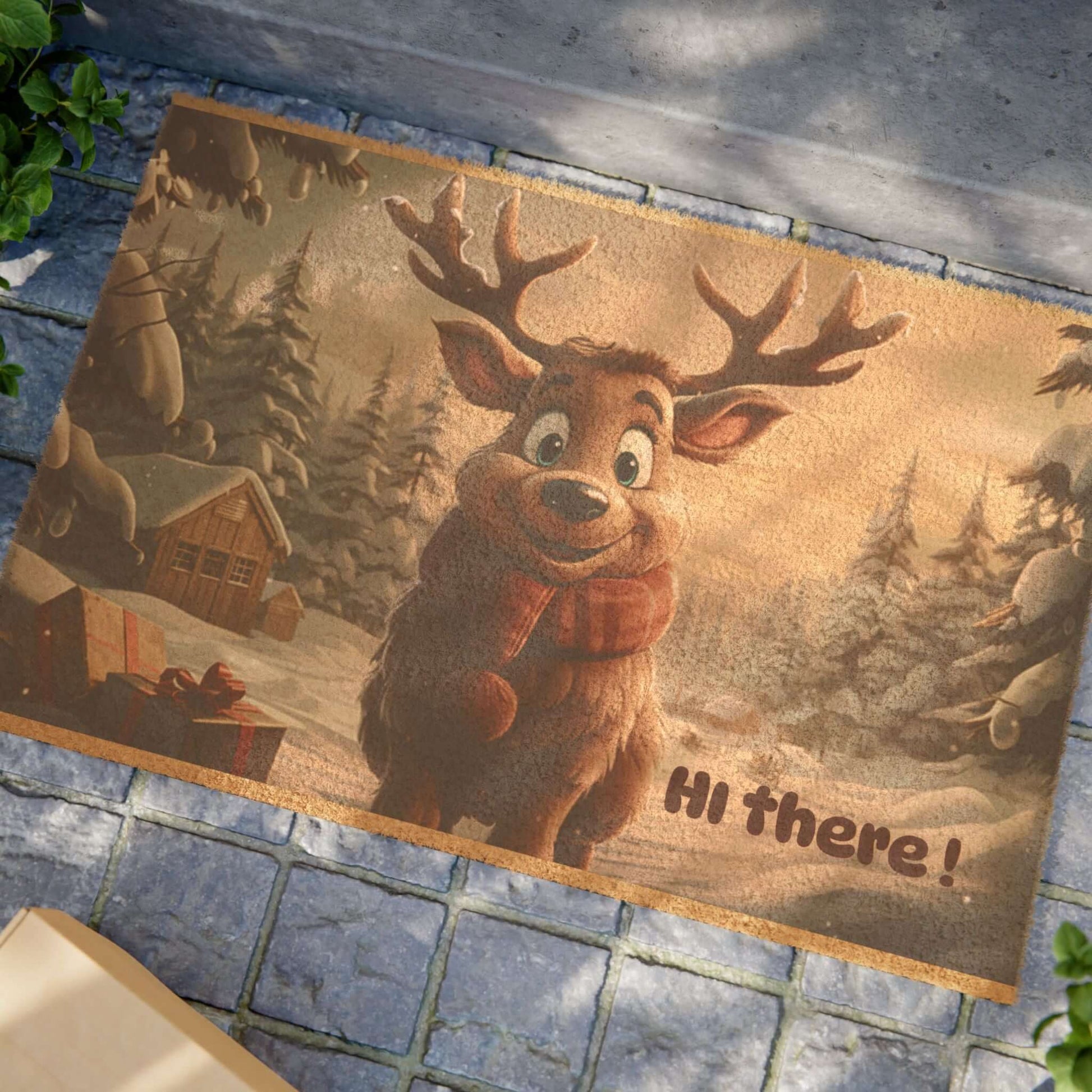 Holiday Reindeer Welcome Mat – festive entry rug featuring a cheerful reindeer in a snowy winter scene.