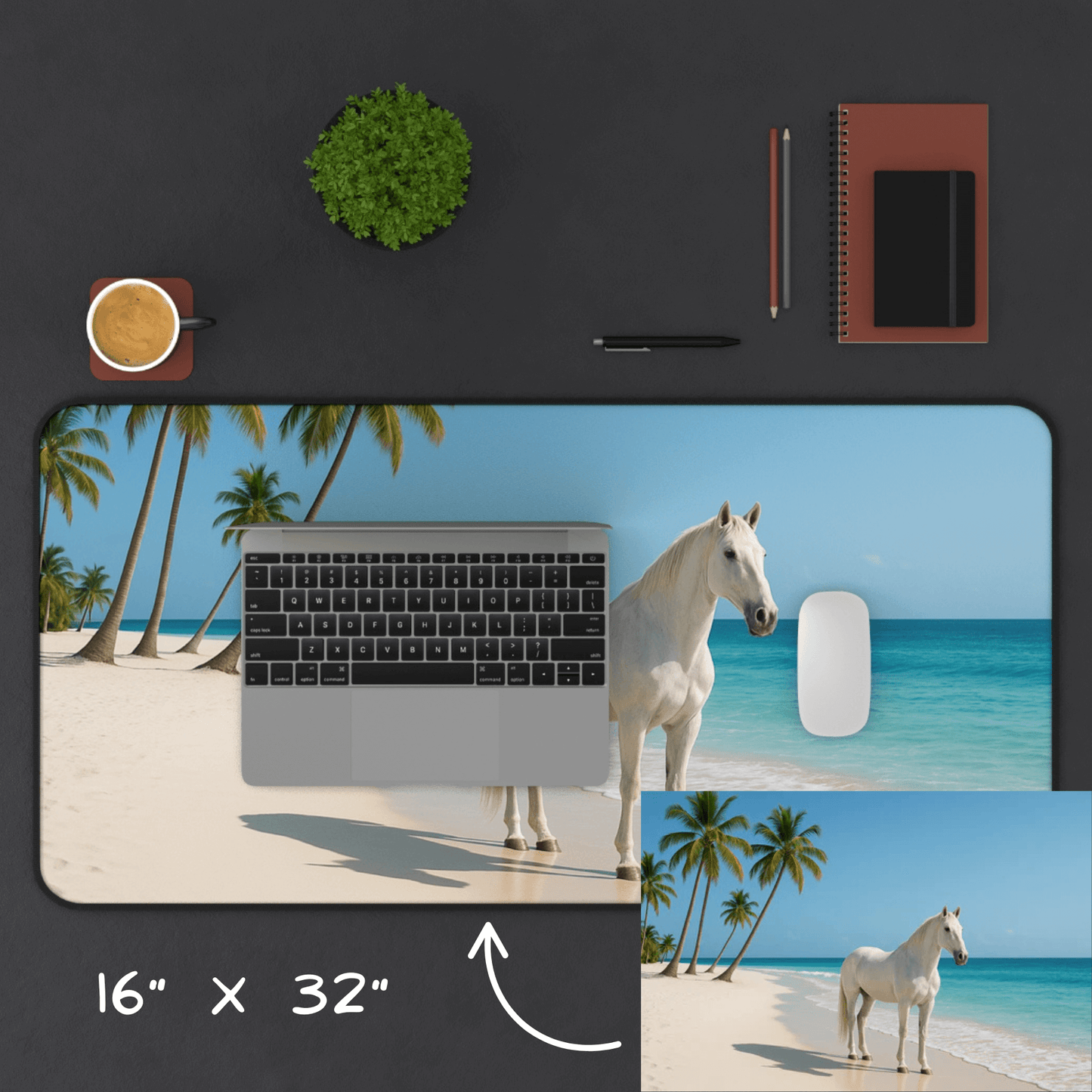 Desk Mat - Featuring a white horse standing on white sand beach