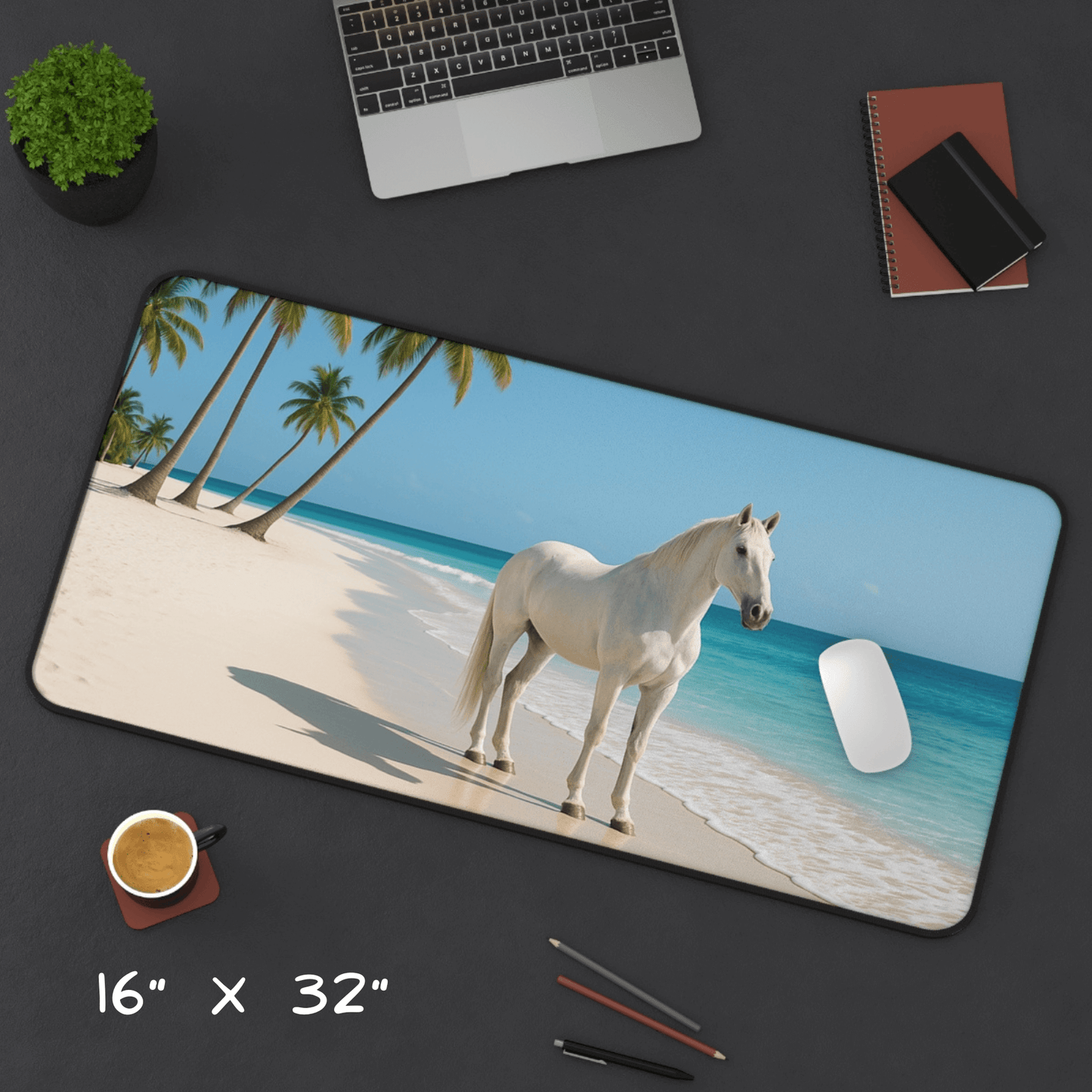 Desk Mat - Featuring a white horse standing on white sand beach