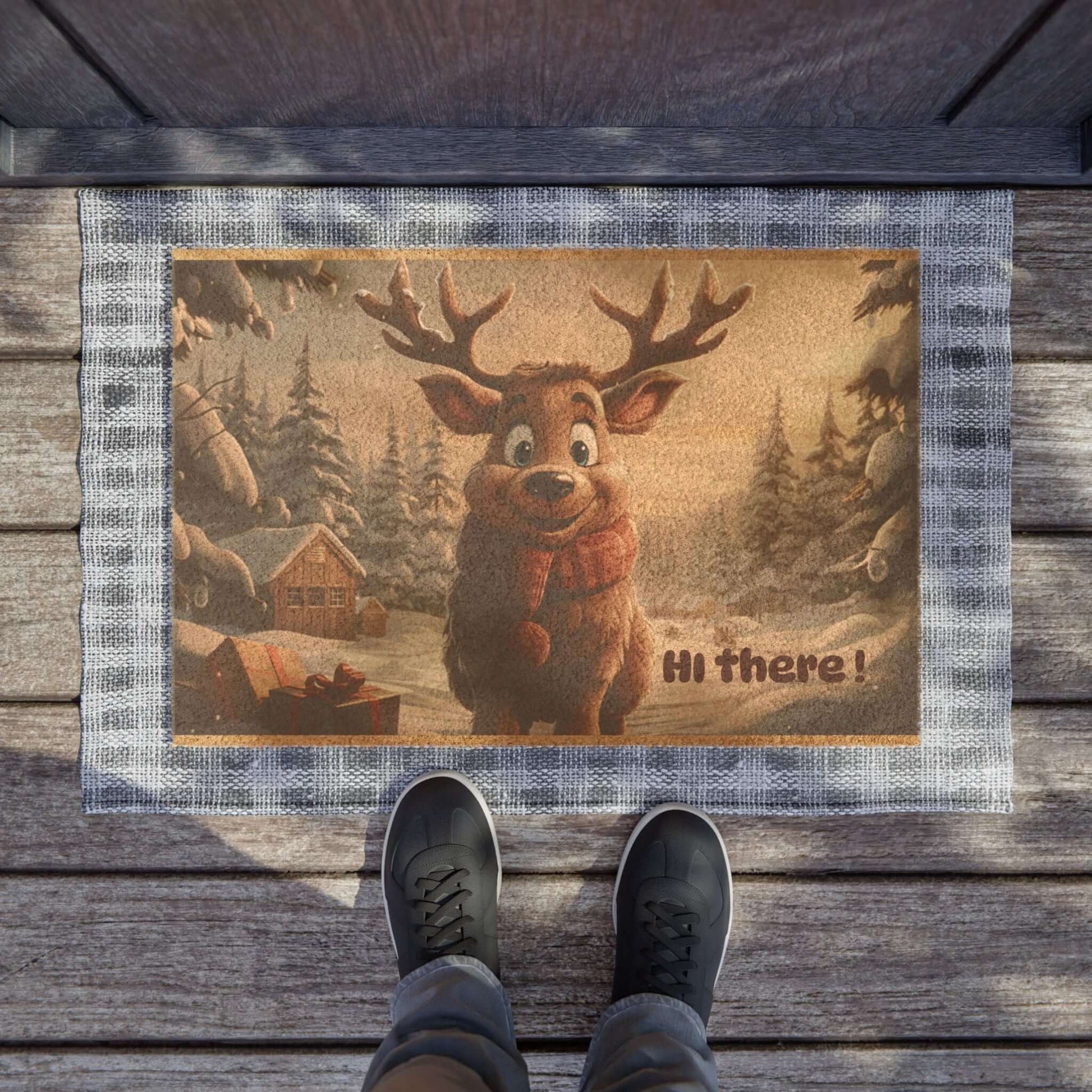 Holiday Reindeer Welcome Mat featuring a cheerful reindeer in a snowy scene with the text 'Hi there!'. Perfect for festive entryways.