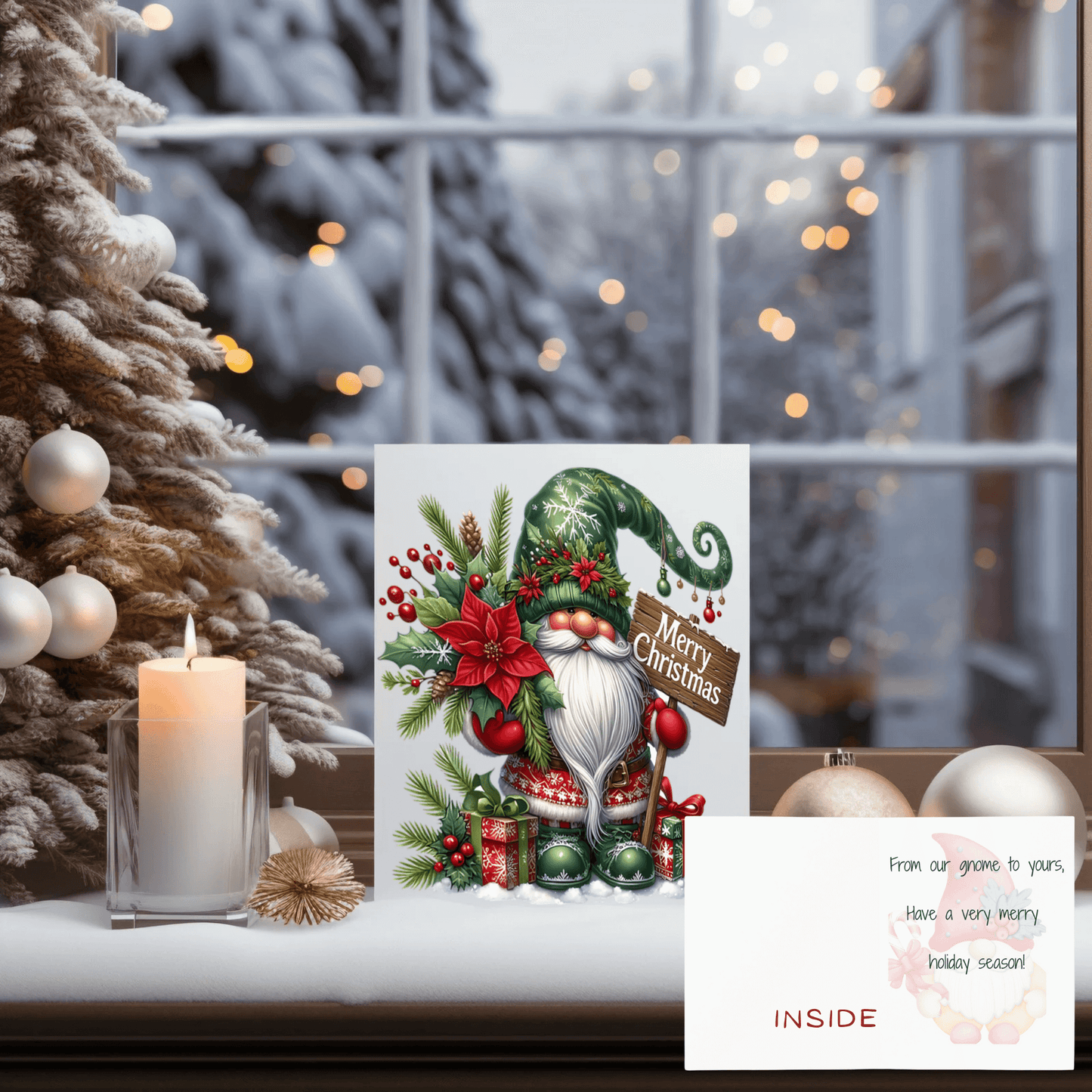 Holiday gnome Christmas card featuring a cheerful gnome, poinsettias, holly, and gifts in a festive setting.