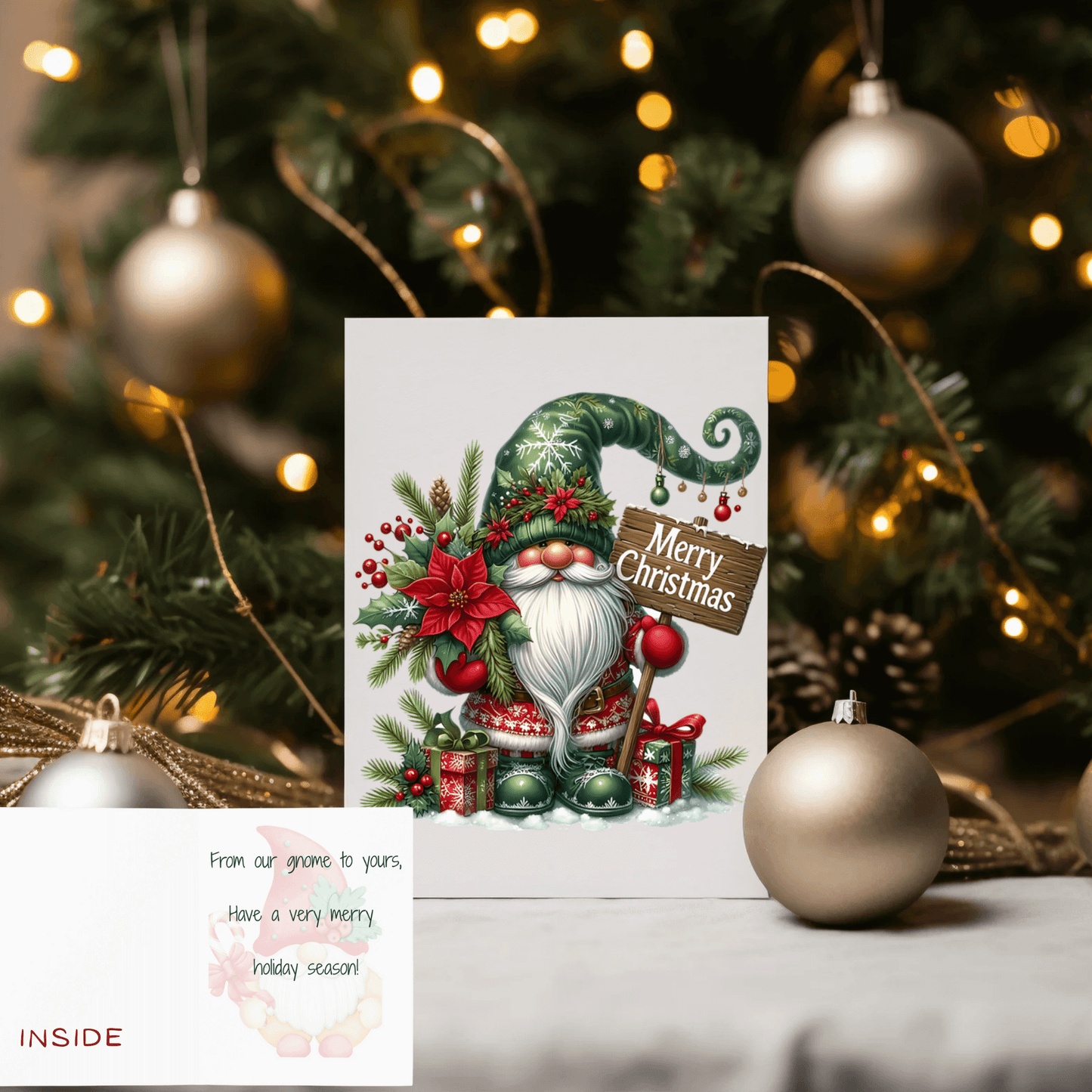 Holiday gnome Christmas card featuring a cheerful gnome with a Merry Christmas sign and festive decorations.