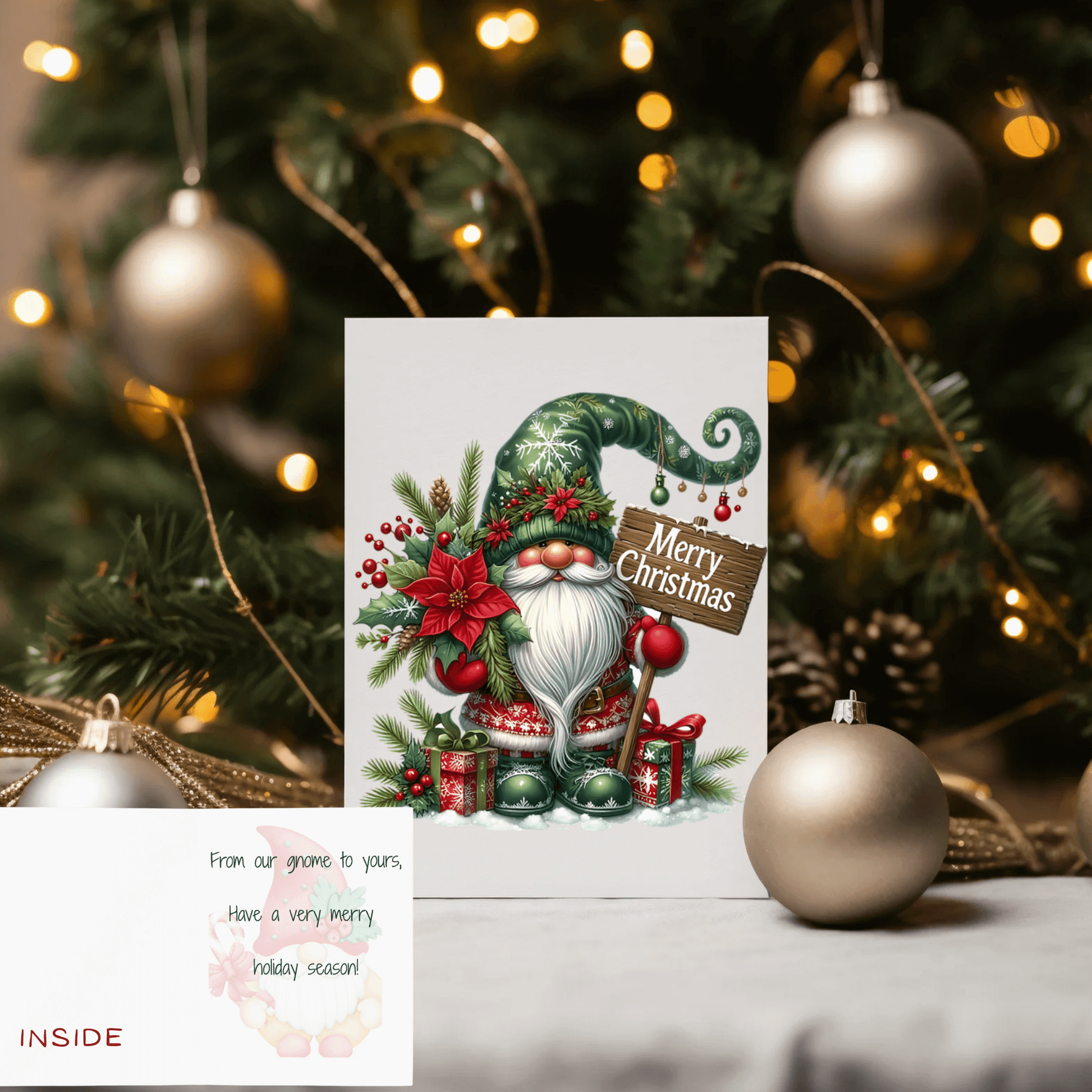 Holiday gnome Christmas card featuring a cheerful gnome with a Merry Christmas sign and festive decorations.