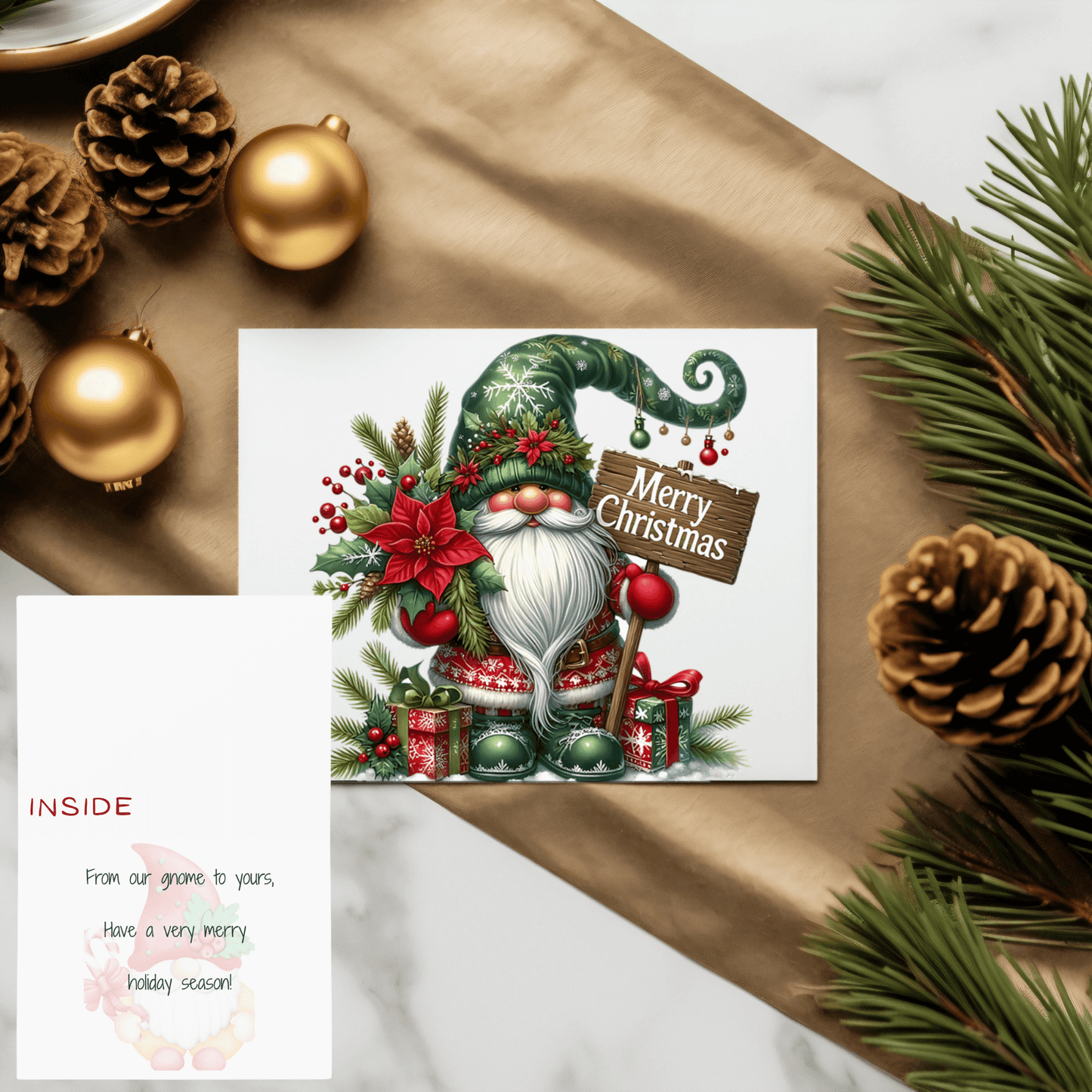 Holiday gnome Christmas card featuring a cheerful gnome, poinsettias, and gifts, perfect for sending holiday wishes.