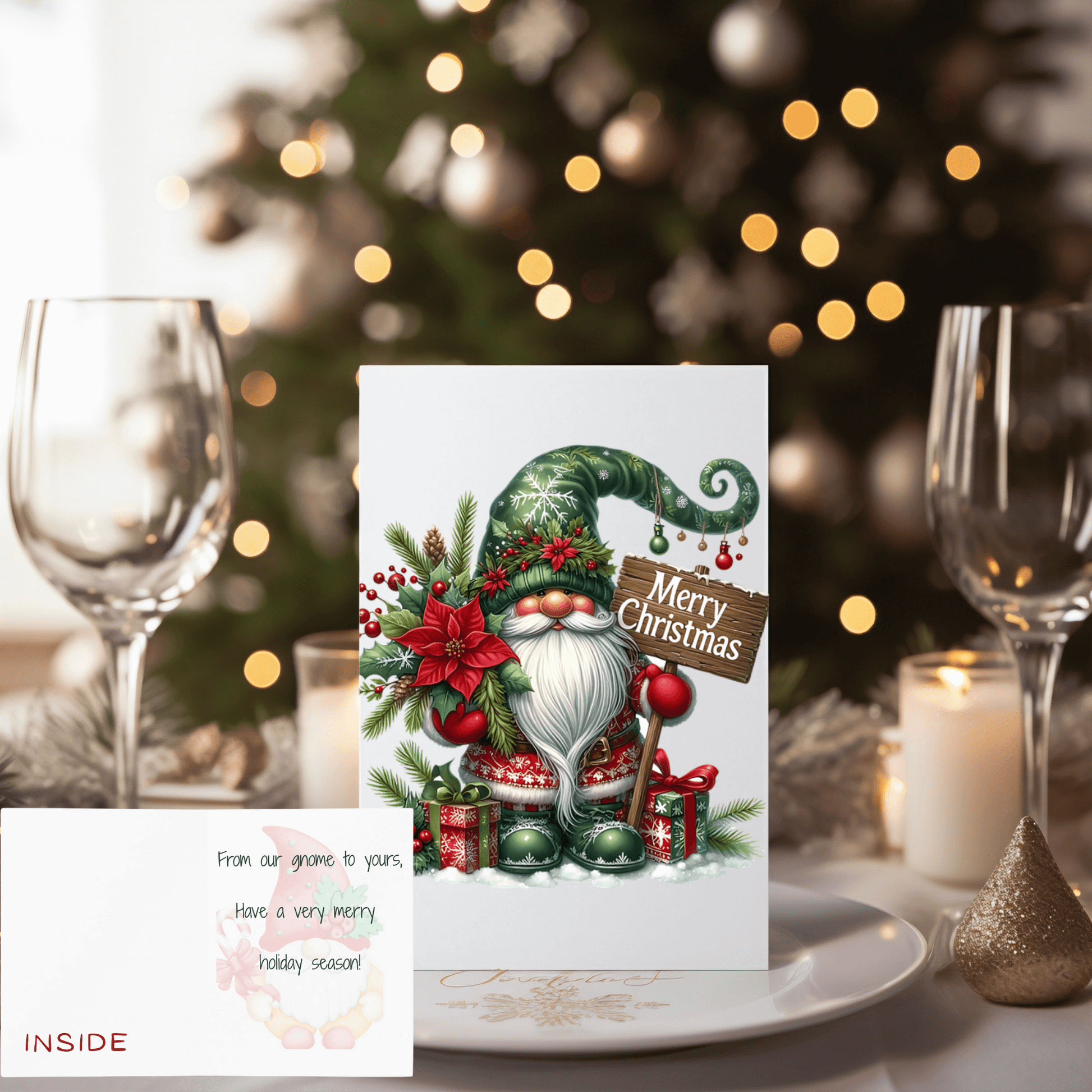 Holiday gnome Christmas card with festive gnome and holiday decorations, perfect for sending warm wishes.