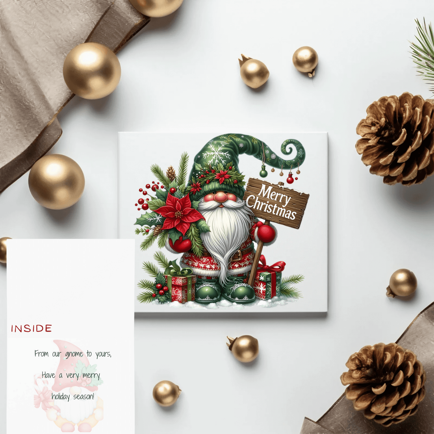 Holiday gnome Christmas card featuring a cheerful gnome, poinsettias, and festive decorations.