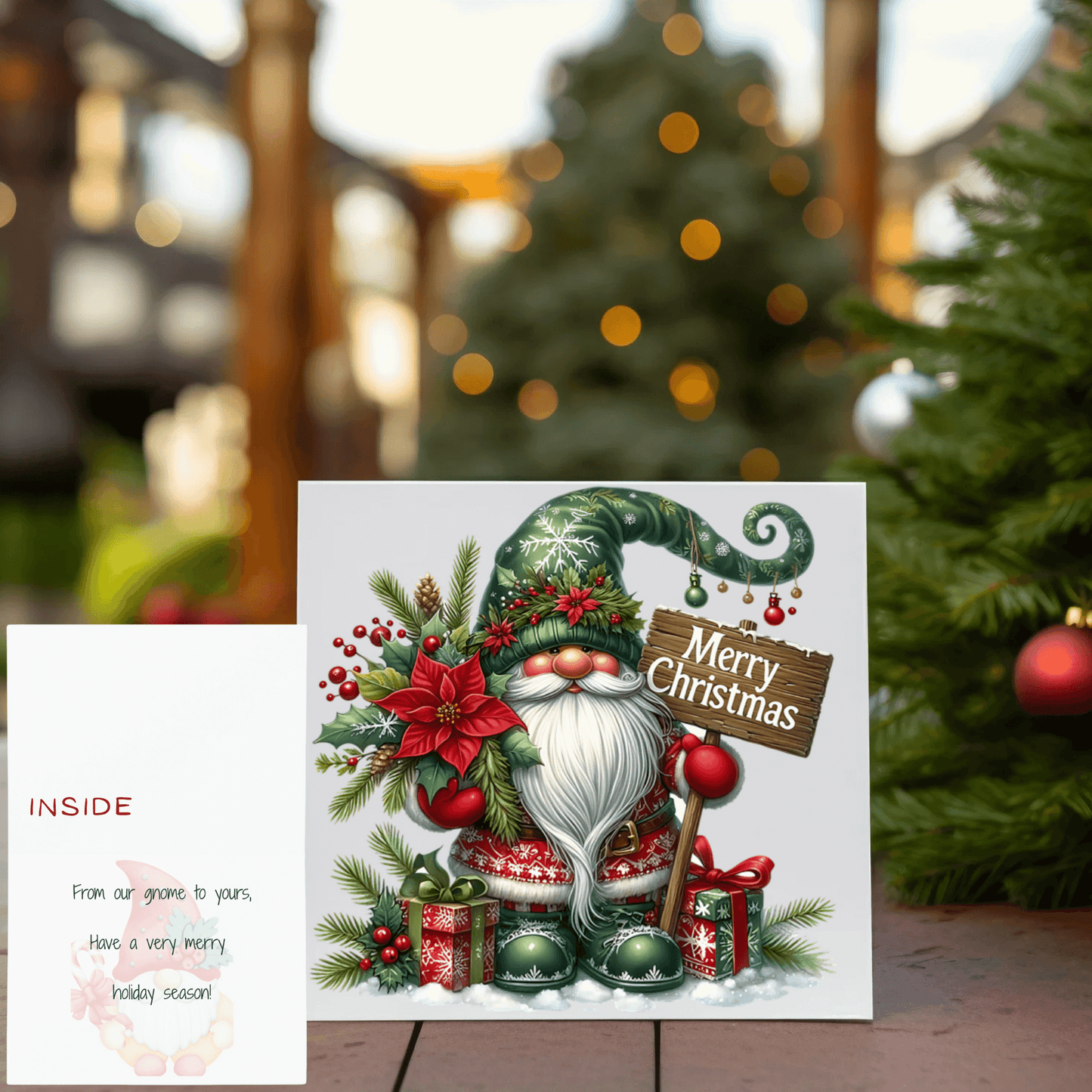 Holiday gnome Christmas card featuring a cheerful gnome with gifts and holiday decorations.
