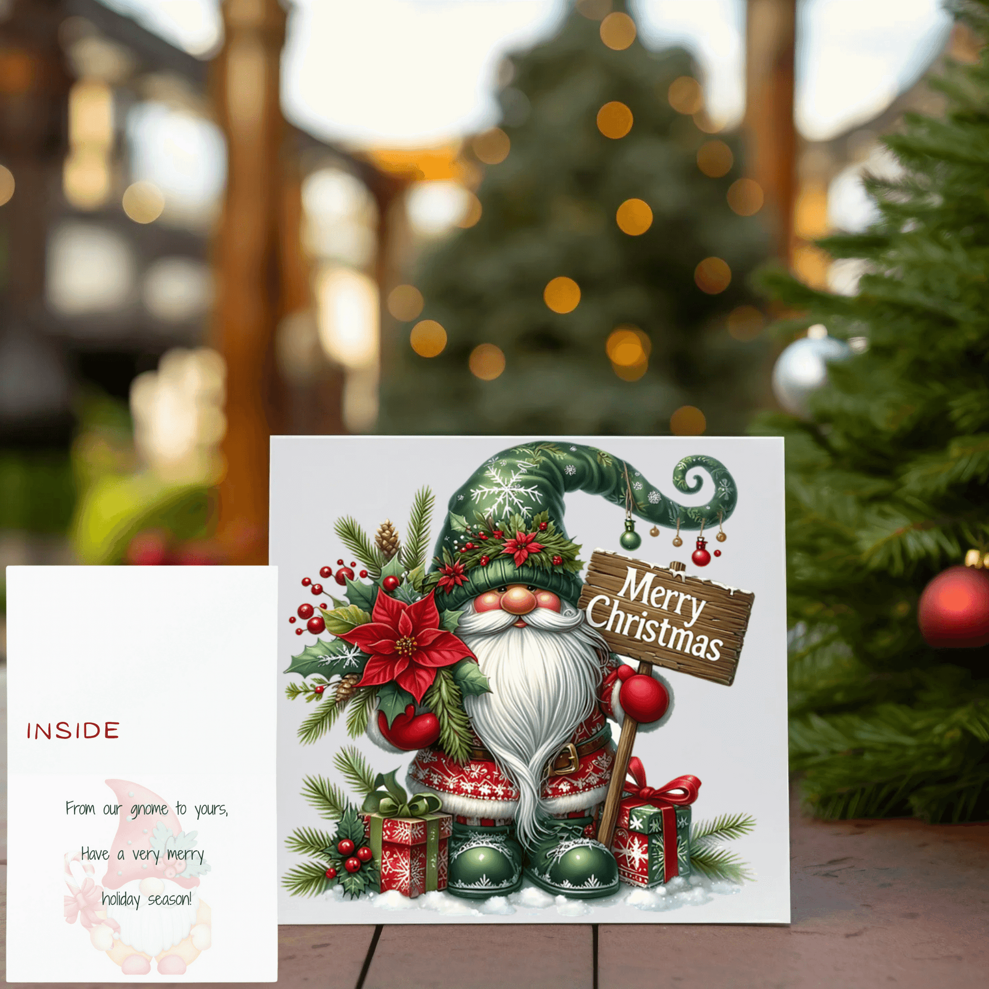 Holiday gnome Christmas card featuring a cheerful gnome with gifts and holiday decorations.
