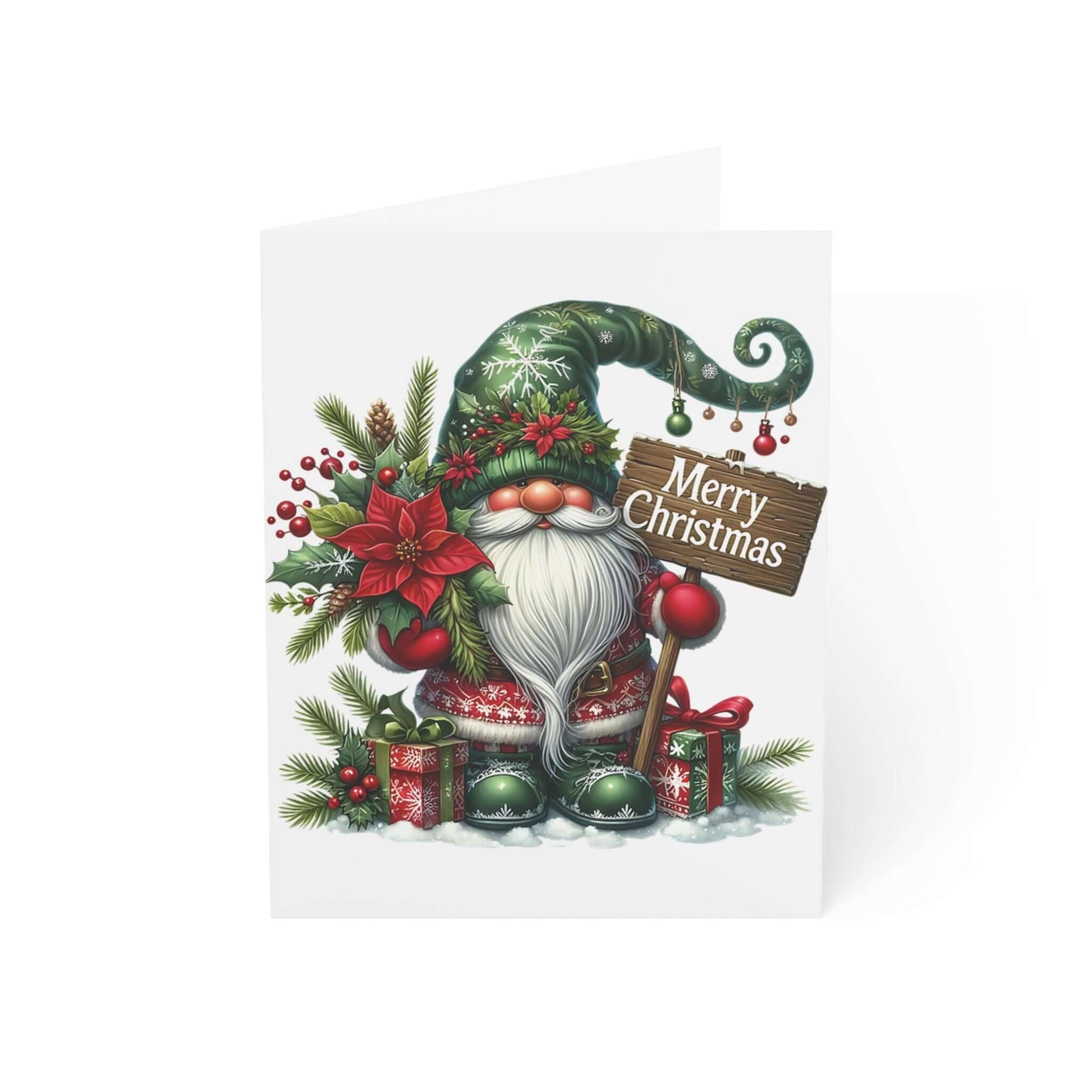 Holiday gnome Christmas card featuring a cheerful gnome and festive decorations, perfect for the holiday season.