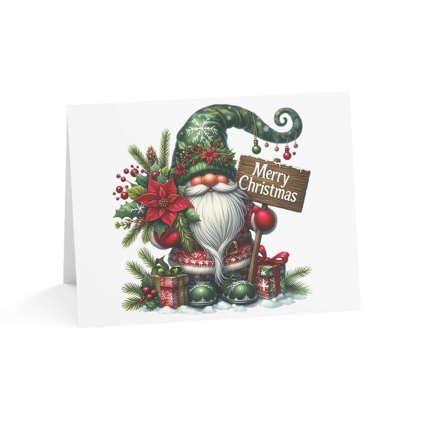 Holiday gnome Christmas card featuring a cheerful gnome, poinsettias, and a 'Merry Christmas' sign.