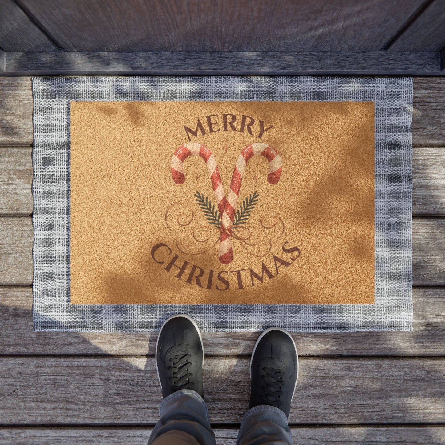 Merry & Bright Christmas Doormat – Festive Holiday Welcome Mat with Candy Cane Charm  Ocean Petal Studio