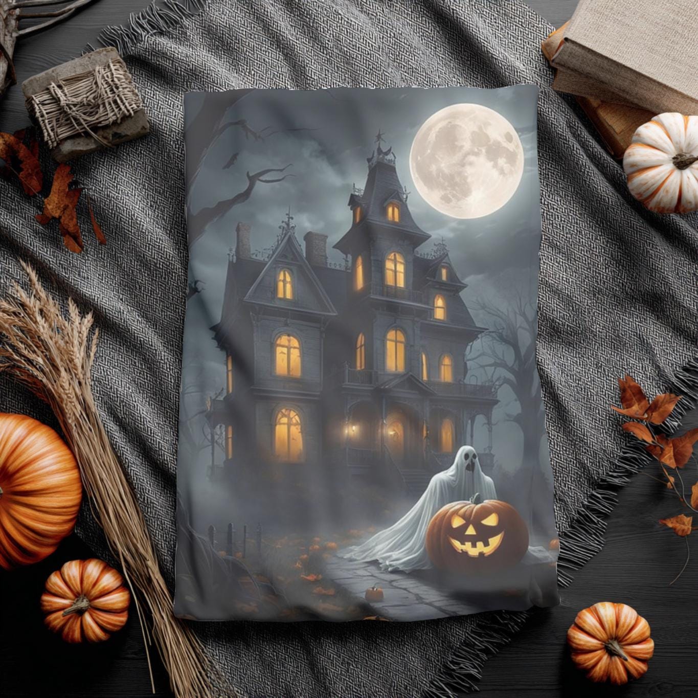 Haunted House Blanket –  Velveteen Throw for Spooky Fall Decor