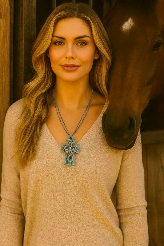 Turquoise Patina Cross Necklace – Rustic Southwestern Pendant