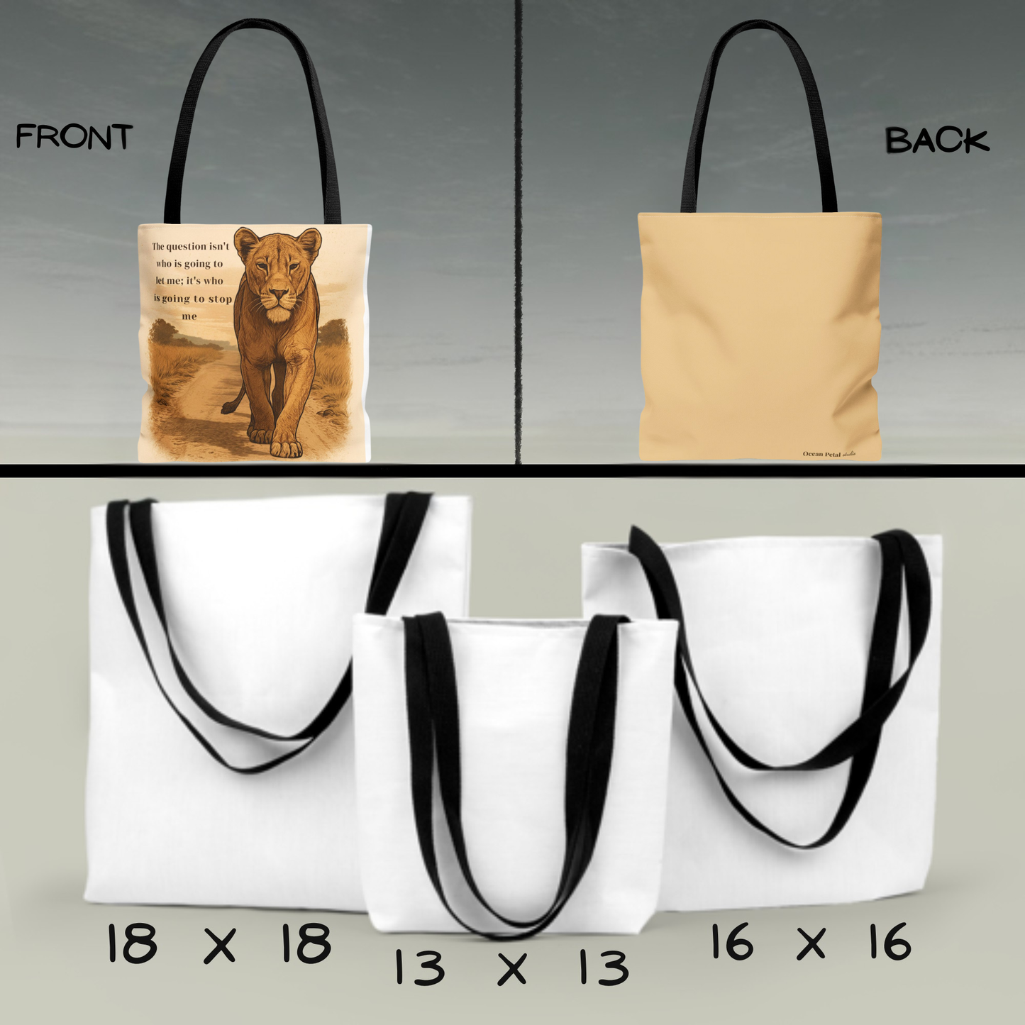 Lioness Spirit Tote – Motivational Quote Bag, Empowering Gift for Women, Eco-Friendly Everyday Tote for Wildlife Lovers