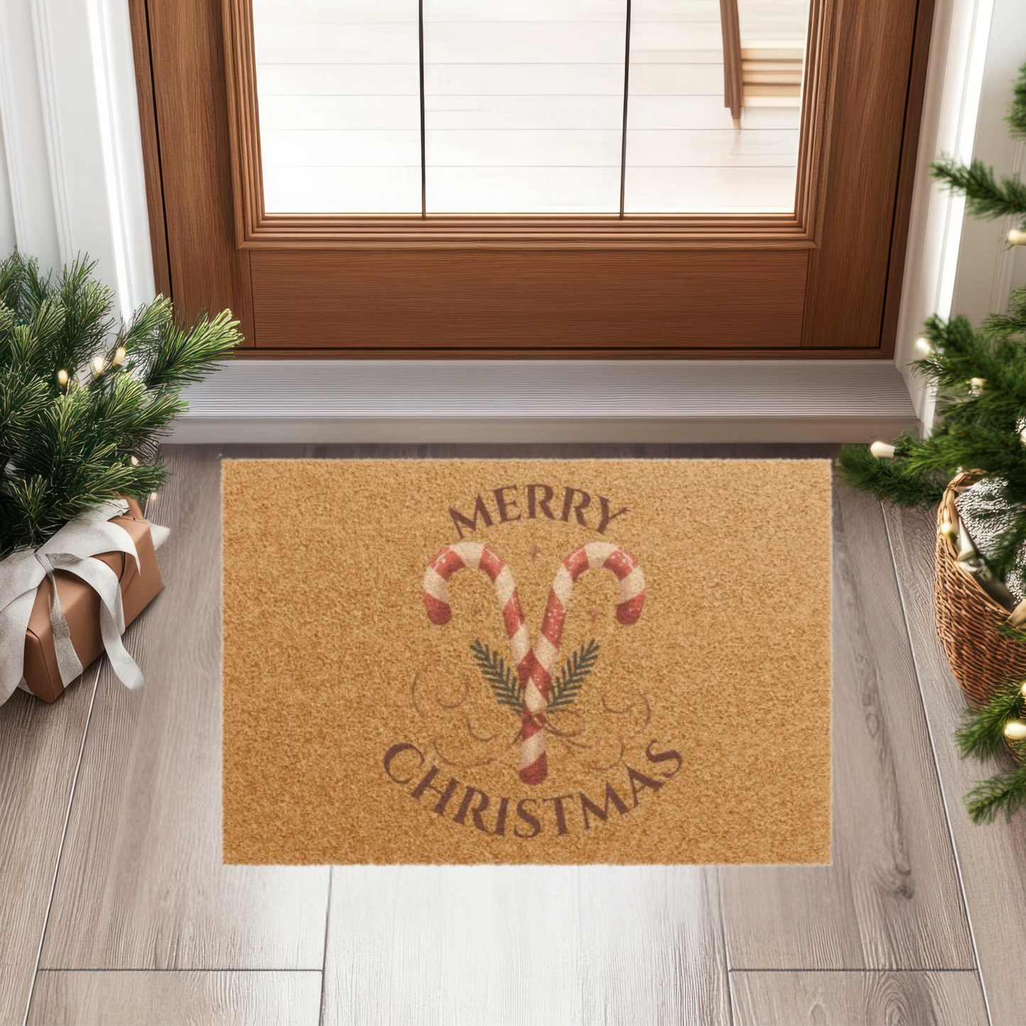 Merry & Bright Christmas Doormat – Festive Holiday Welcome Mat with Candy Cane Charm  Ocean Petal Studio