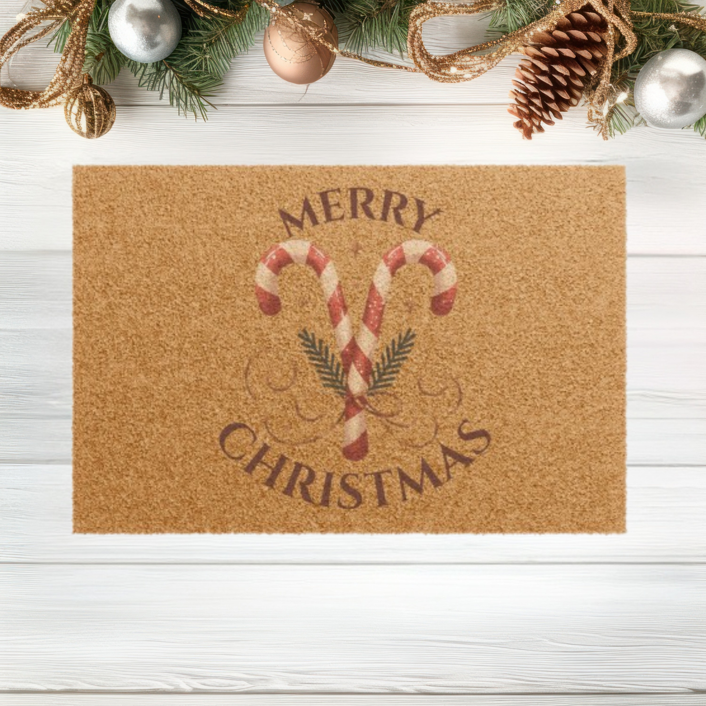 Merry & Bright Christmas Doormat – Festive Holiday Welcome Mat with Candy Cane Charm  Ocean Petal Studio