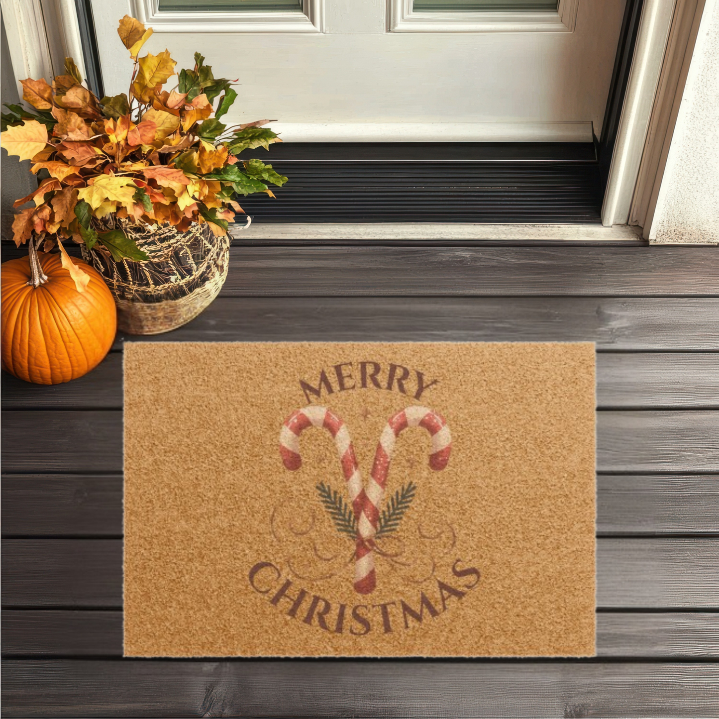 Merry & Bright Christmas Doormat – Festive Holiday Welcome Mat with Candy Cane Charm  Ocean Petal Studio