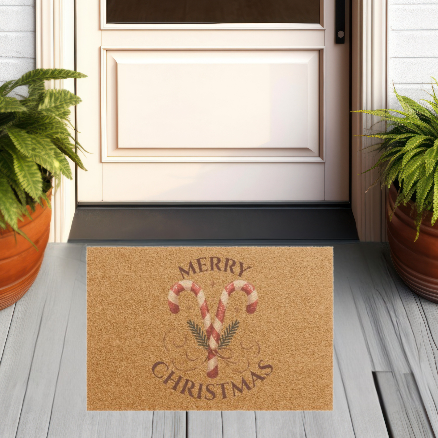 Merry & Bright Christmas Doormat – Festive Holiday Welcome Mat with Candy Cane Charm  Ocean Petal Studio