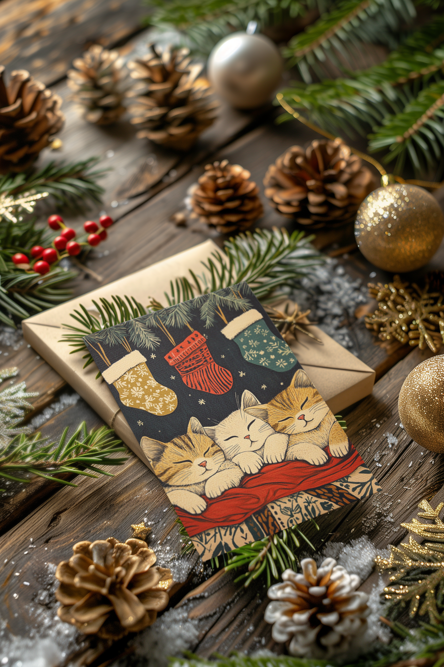 Meowy Christmas – Funny Cat Christmas Card with Cozy Charm  Ocean Petal Studio