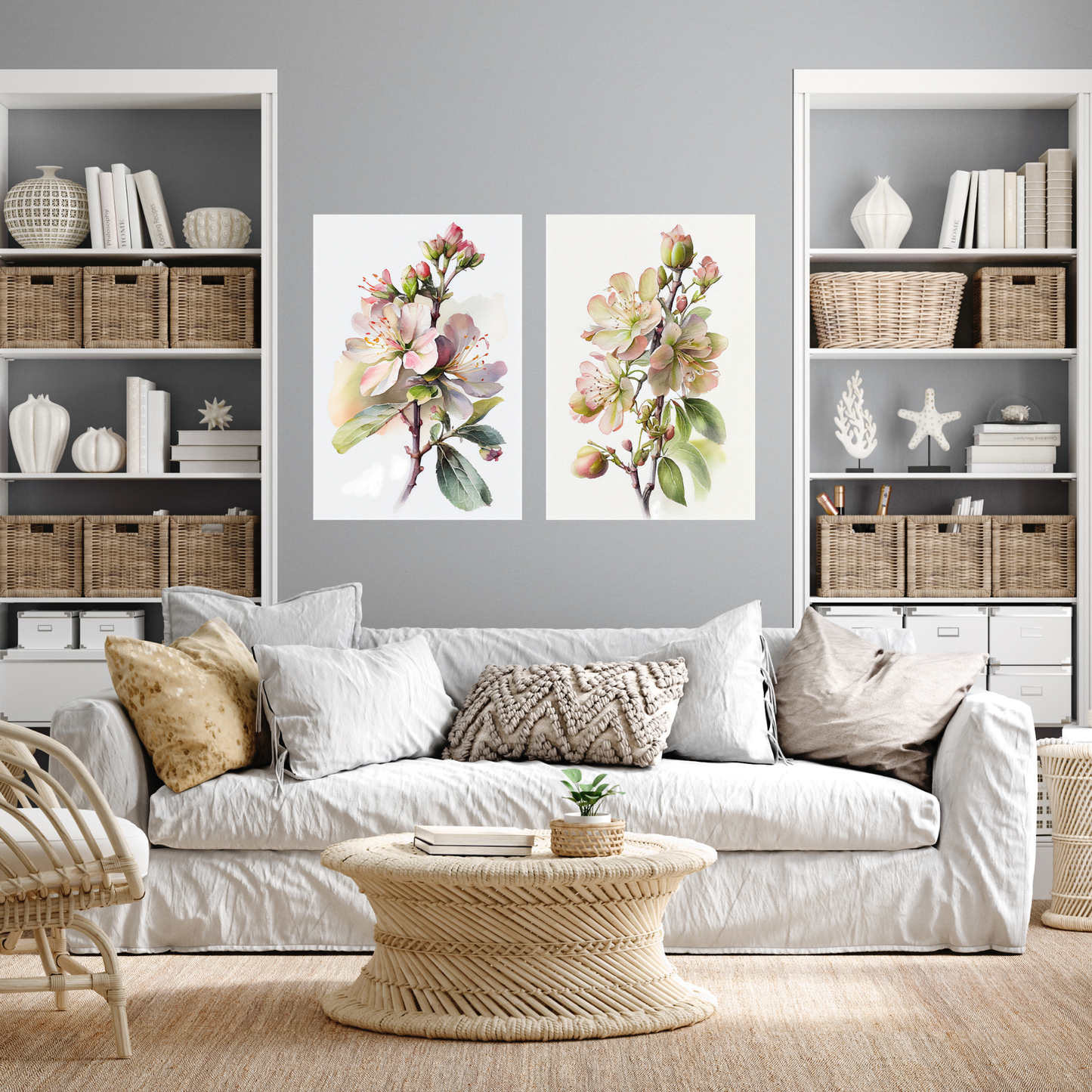 Blushing Apple Blossom Canvas Print | Elegant Pink Floral Watercolor Wall Art