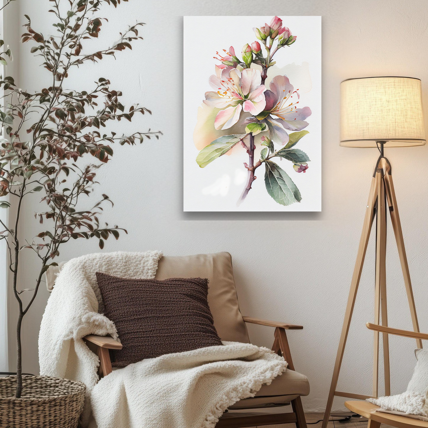 Blushing Apple Blossom Canvas Print | Elegant Pink Floral Watercolor Wall Art