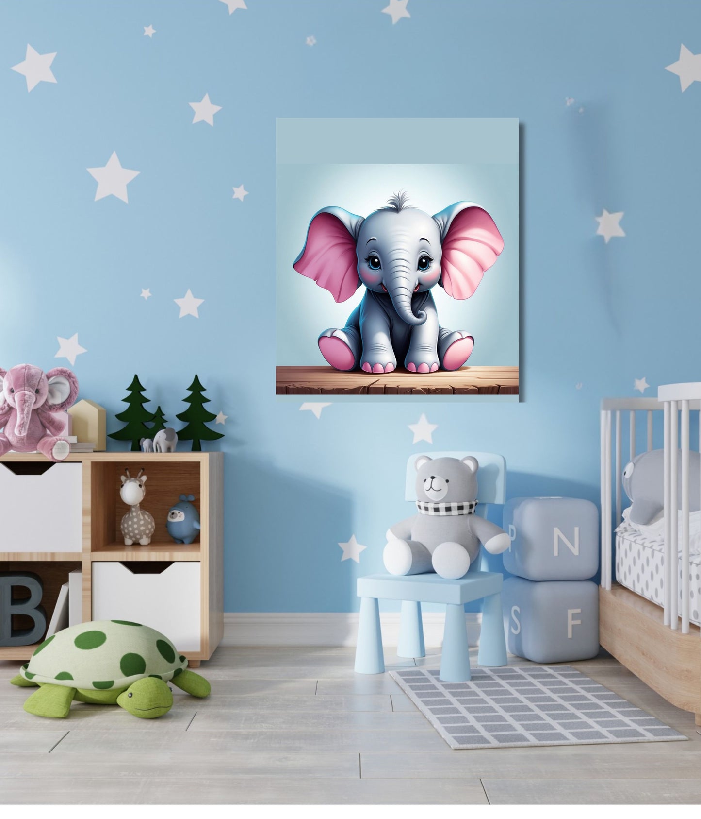 A square wall art print featuring a cute cartoon baby elephant with pink ears, displayed on a light blue wall in a styled children's bedroom with a crib, shelf, and toys.