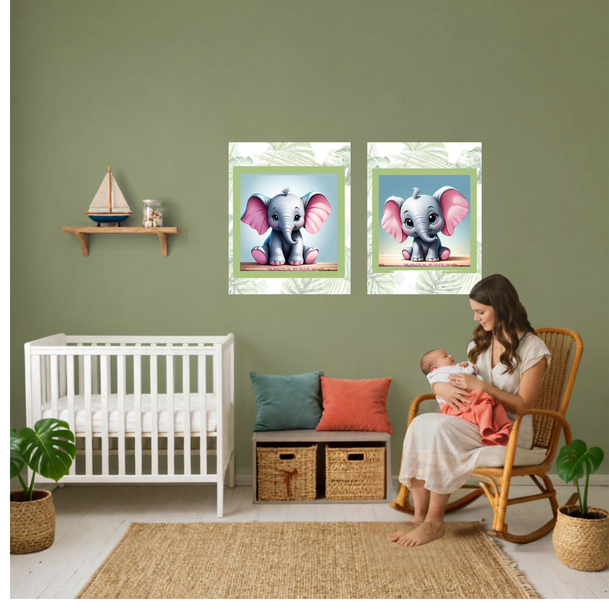 Sweet Elephant Canvas Set – Coordinating Mint Green Palm Prints