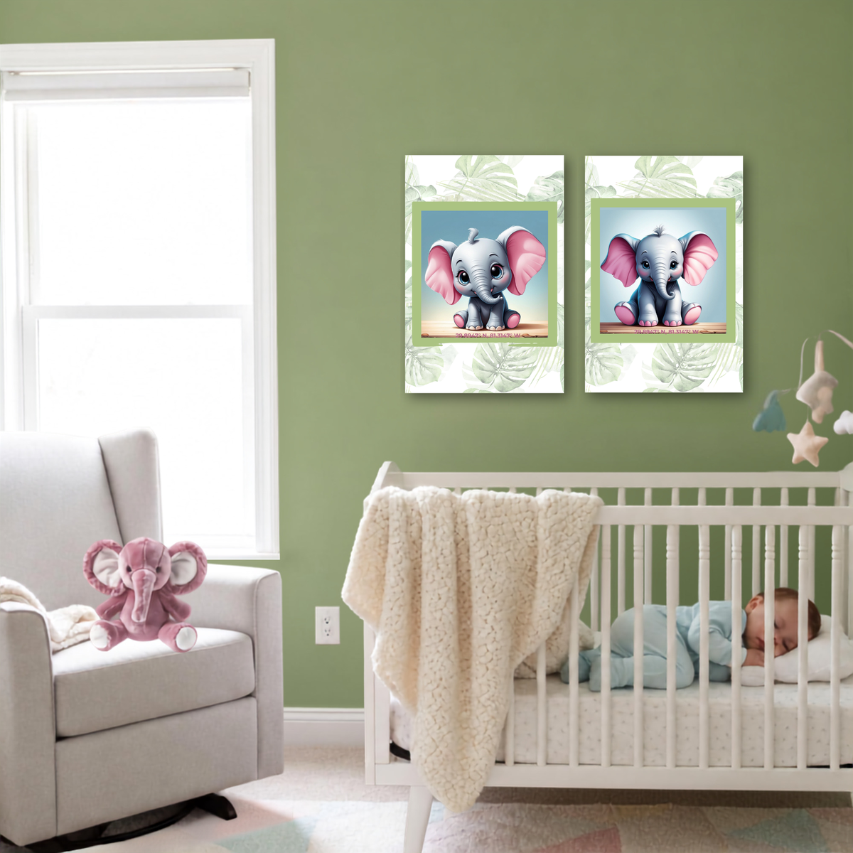 Sweet Elephant Canvas Set – Coordinating Mint Green Palm Prints