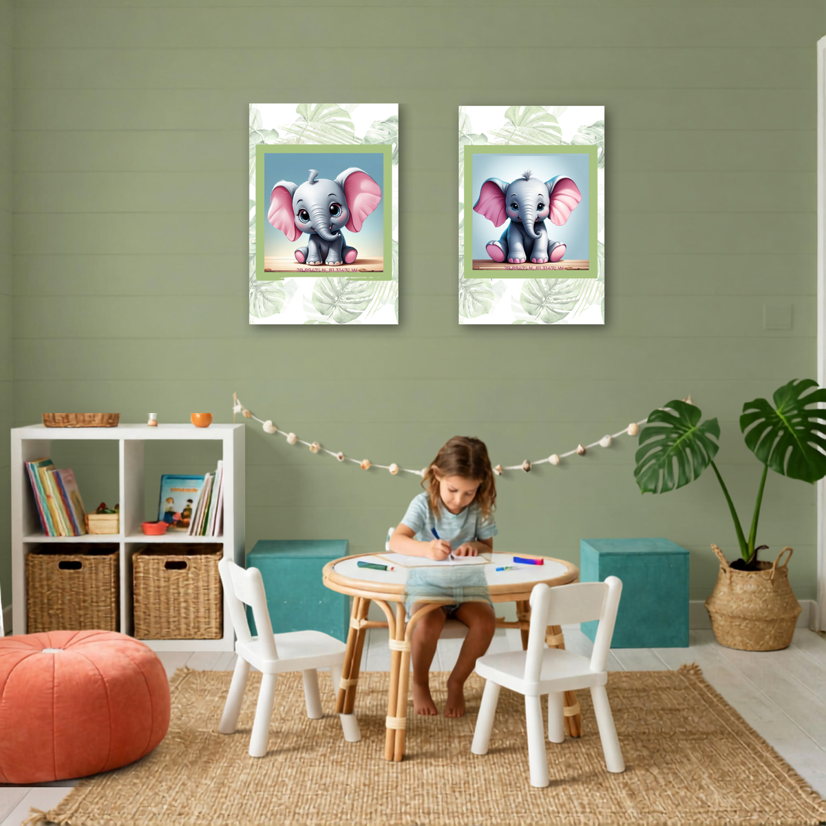 Sweet Elephant Canvas Set – Coordinating Mint Green Palm Prints