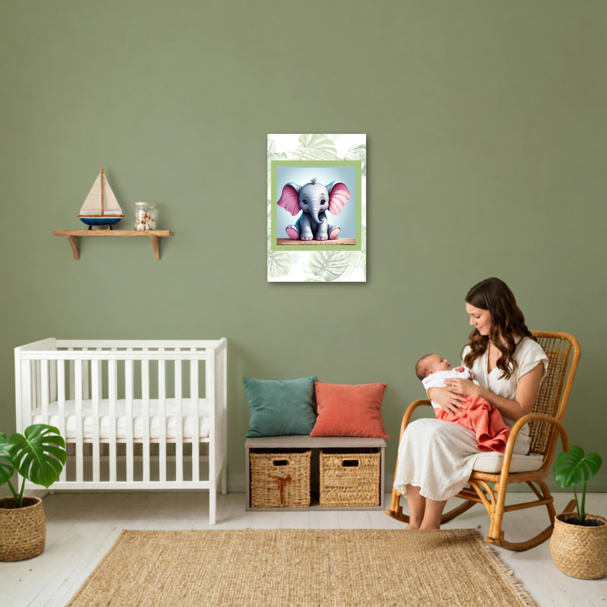 Sweet Elephant Canvas Set – Coordinating Mint Green Palm Prints