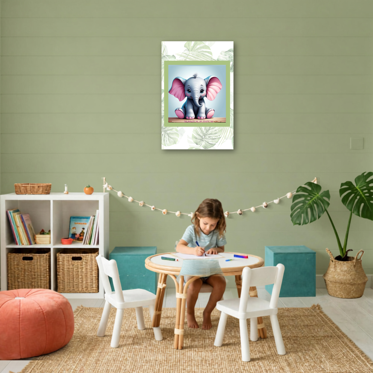 Sweet Elephant Canvas Set – Coordinating Mint Green Palm Prints
